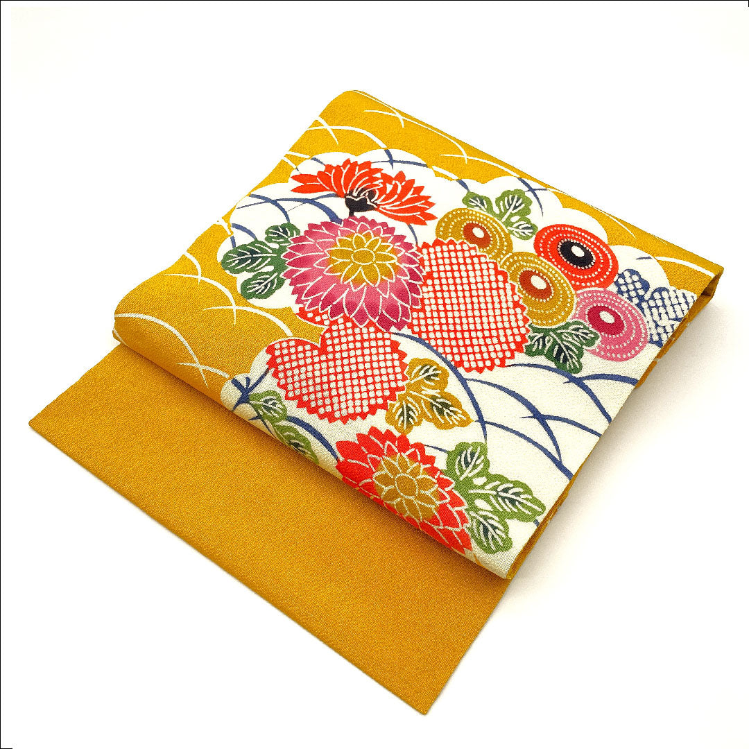 Nagoya Obi Chirimen Chrysanthemum Grass Obi Length 367cm Pure Silk S Rank Pointed Pattern Casual Yellow 1124000912323 Nagoya Style