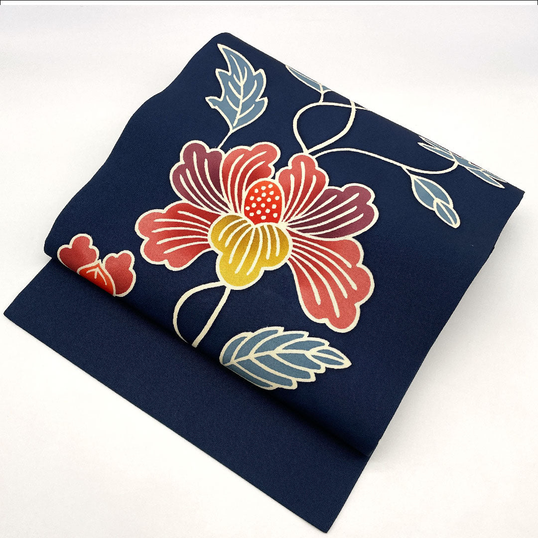 名古屋帯 塩瀬 花唐草模様 帯丈358cm 正絹 Aランク 全通 カジュアル 紺系 1124000513318  名古屋仕立て