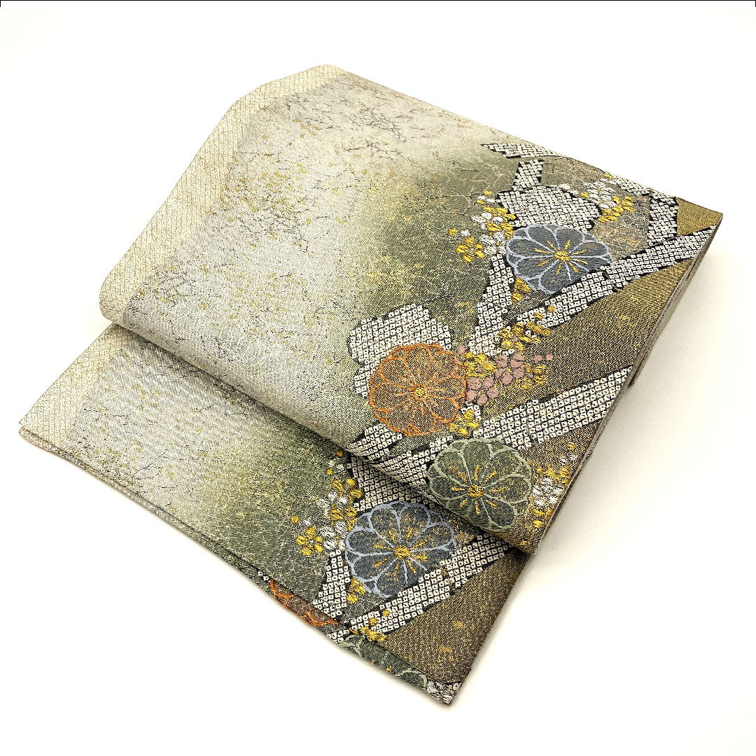 Fukuro Obi Flower Pattern Hikita Obi Length 437cm Pure Silk S Rank Six-way Formal Silver 1123001682322