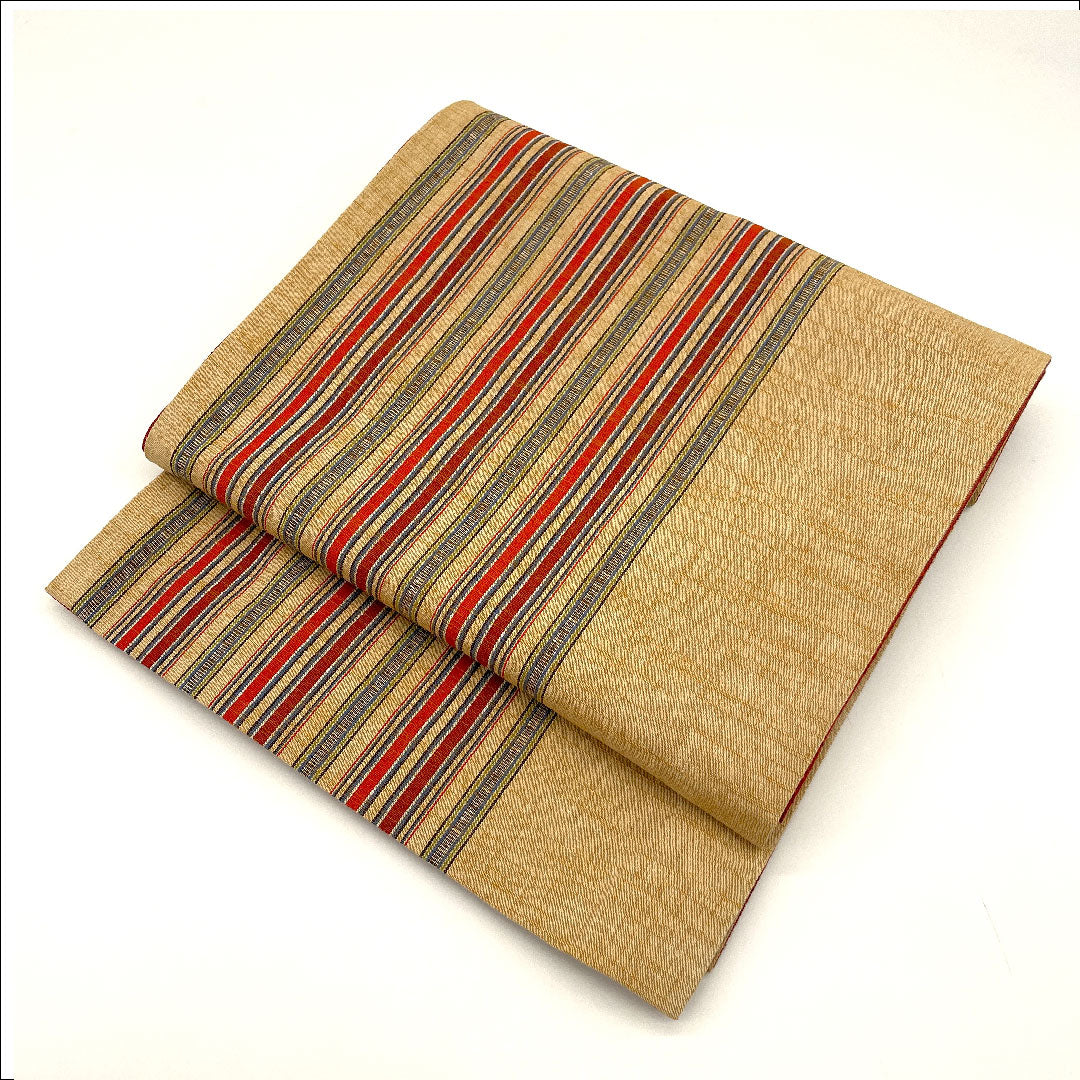 [Unfinished] Nagoya Obi - Pure Silk - S Rank - Stripes - Obi Length 352cm - Full-width Pattern - Casual - Brown Tones - 1124001132314