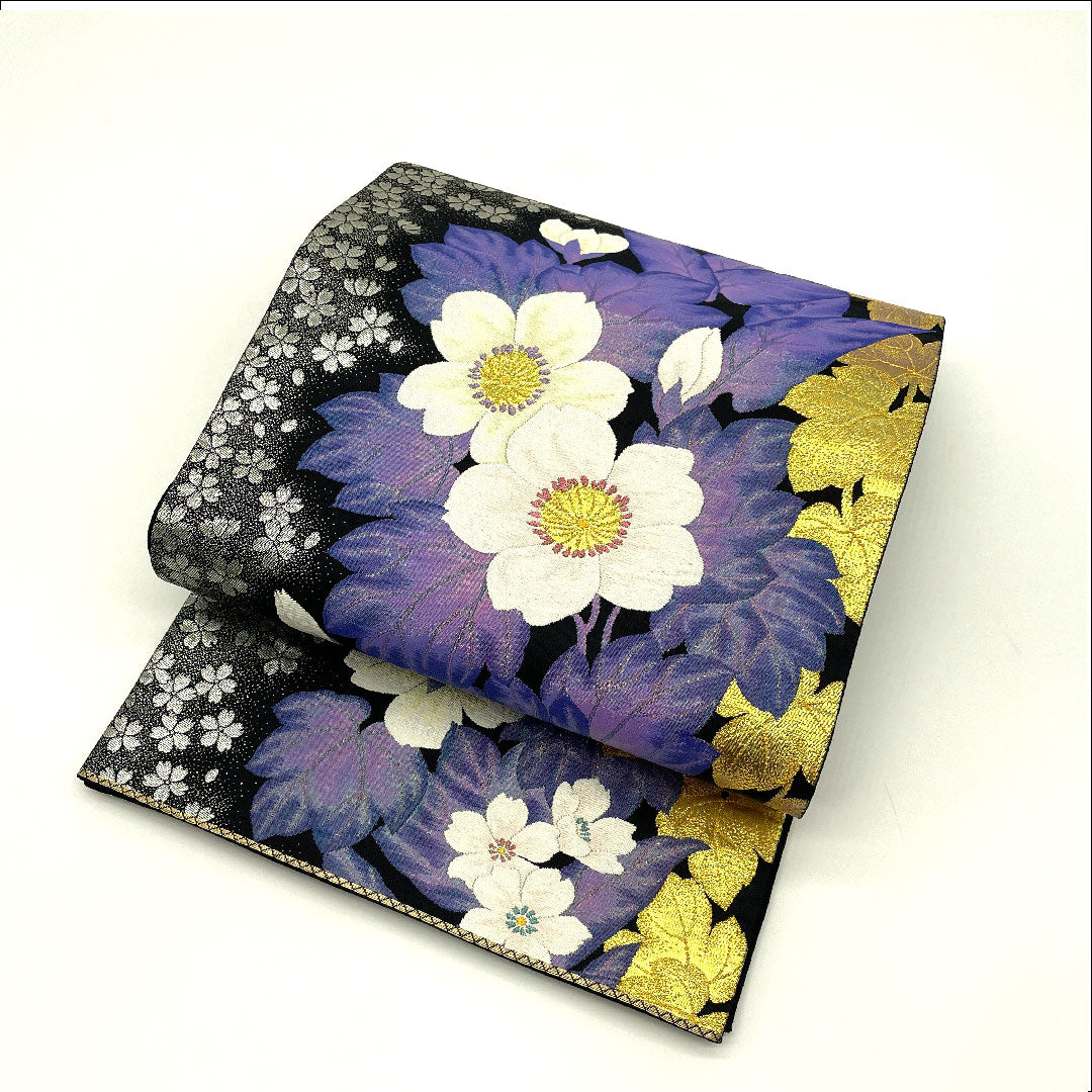 Fukuro Obi (Japanese traditional sash), made of Juraku, with glittering gold leaf, flowers and cherry blossoms, obi length 440cm, pure silk, S rank, six-pass, semi-formal, black, 1123003242310