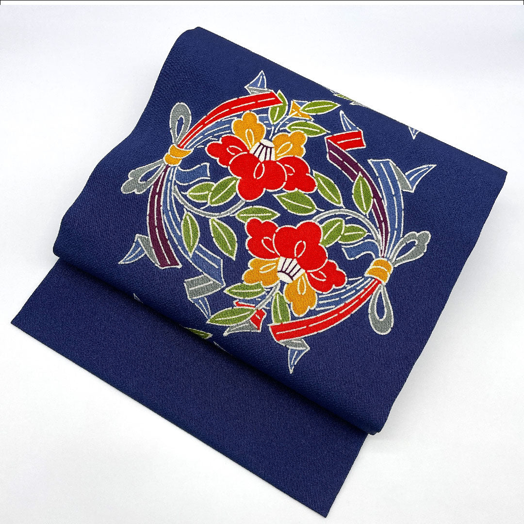 Nagoya Obi by Kuriyama Yoshisaburo, Bundled Noshi, Camellia, Crepe, Obi Length 369cm, Pure Silk, S Rank, Full Length, Casual, Navy Blue, 1124000372318, Nagoya Made