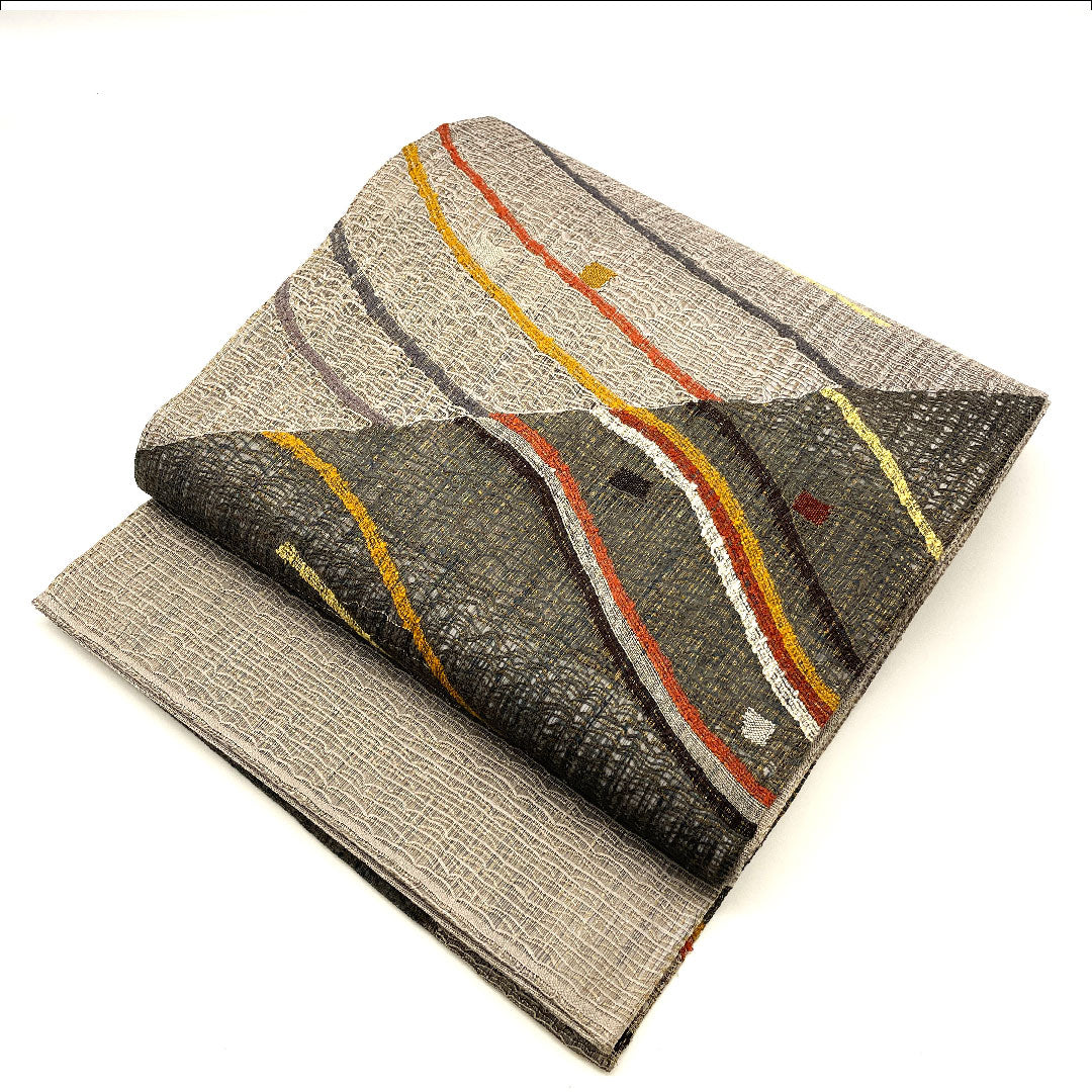 Fukuro Obi, scoop weave, geometric pattern, single layer, obi length 453cm, pure silk, S rank, point pattern, casual, gray, 1123001852422