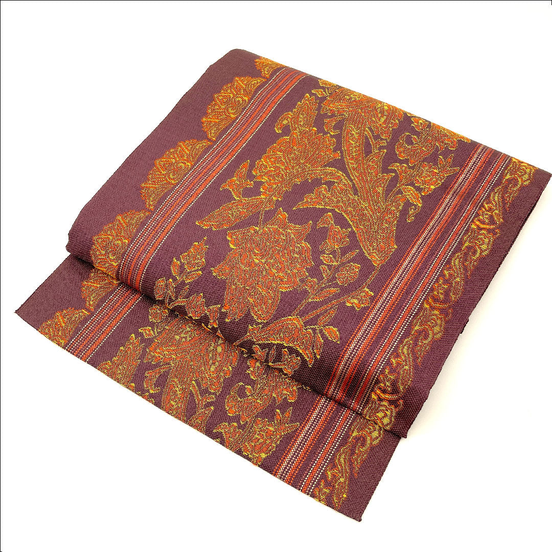 Nagoya obi with chintz pattern, obi length 359cm, pure silk, S rank, six-pass, casual, purple, 1124001182320, Nagoya style