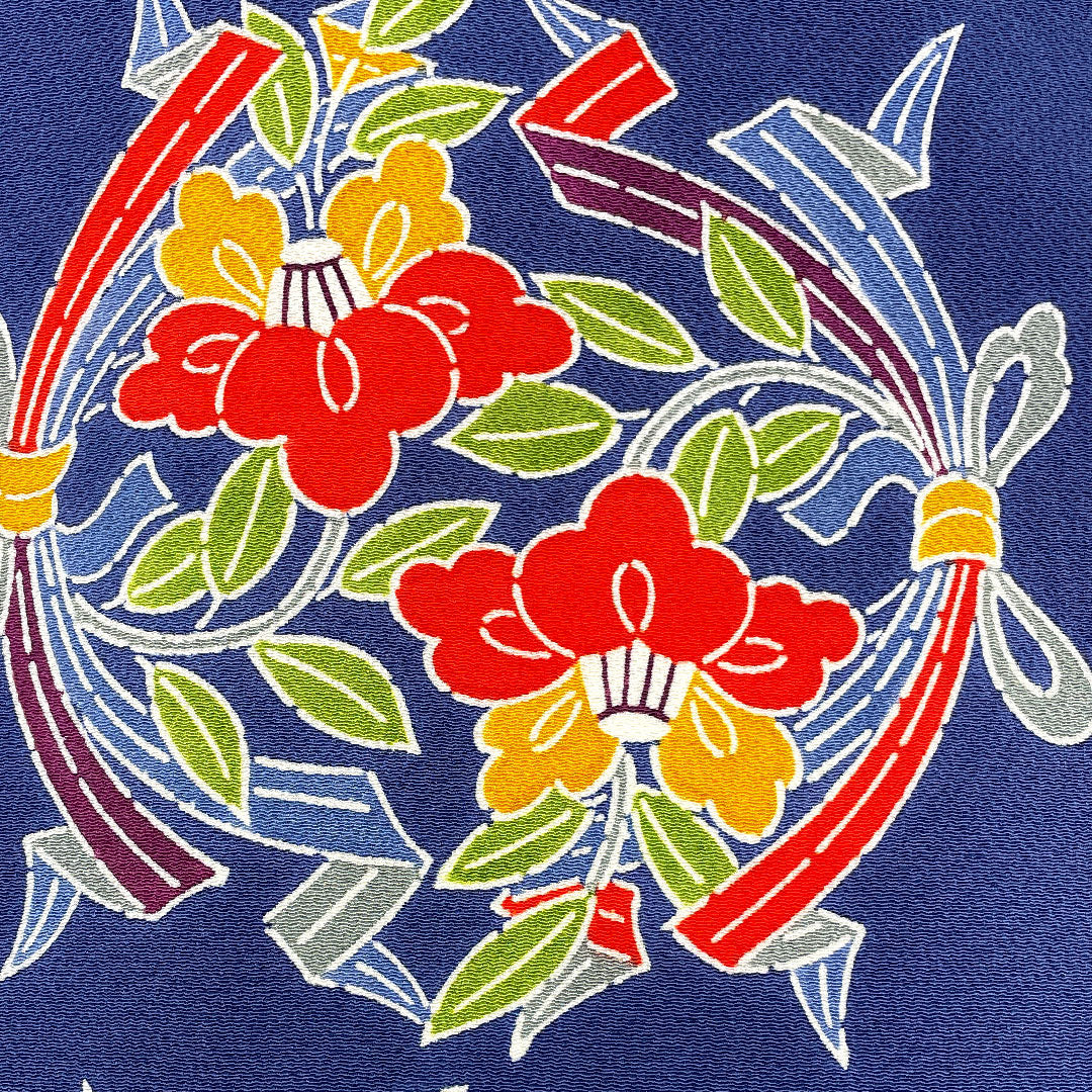 Nagoya Obi by Kuriyama Yoshisaburo, Bundled Noshi, Camellia, Crepe, Obi Length 369cm, Pure Silk, S Rank, Full Length, Casual, Navy Blue, 1124000372318, Nagoya Made
