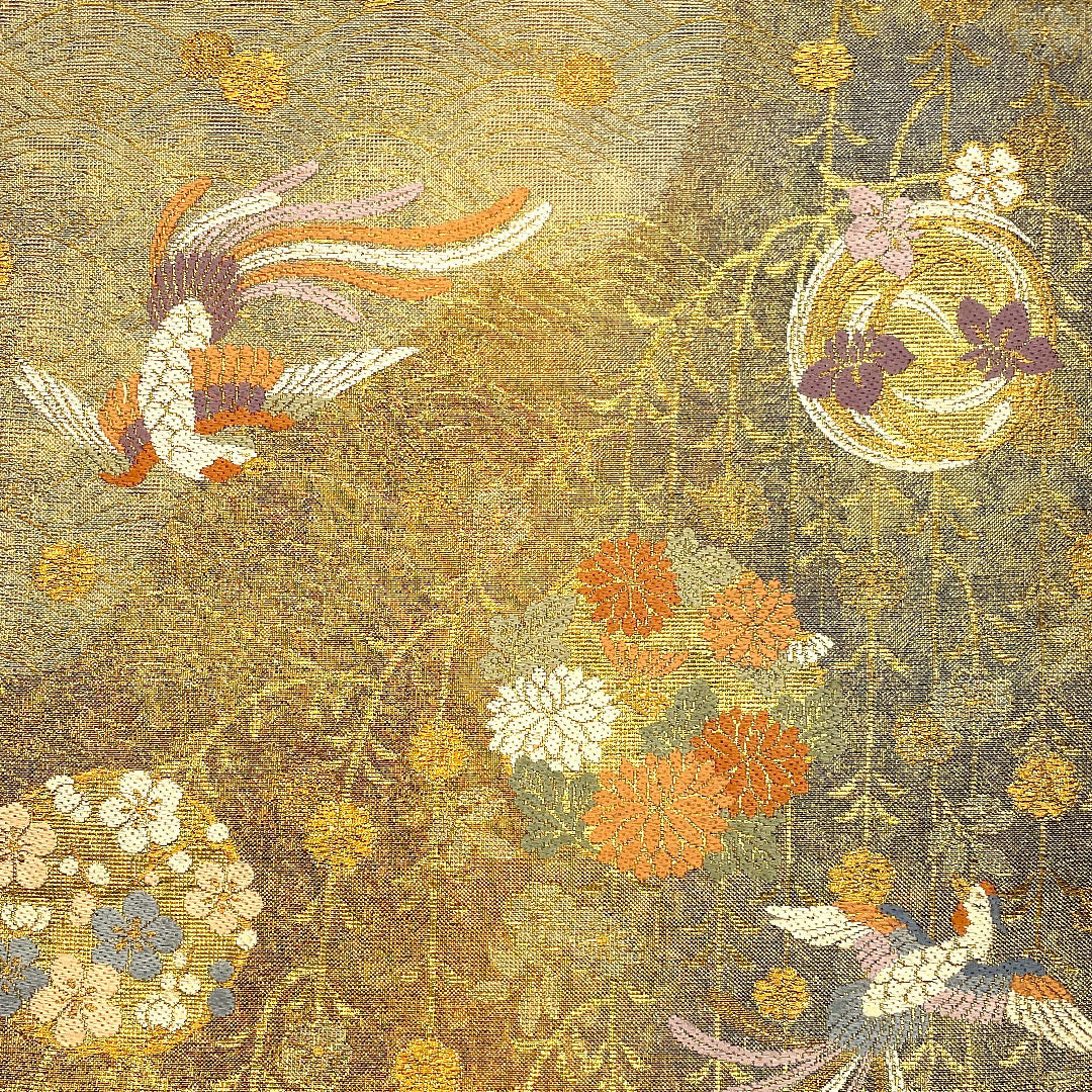Fukuro Obi Long-tailed Bird Flower Obi Length 423cm Pure Silk S Rank Six-pass Formal Gold 1123002232321
