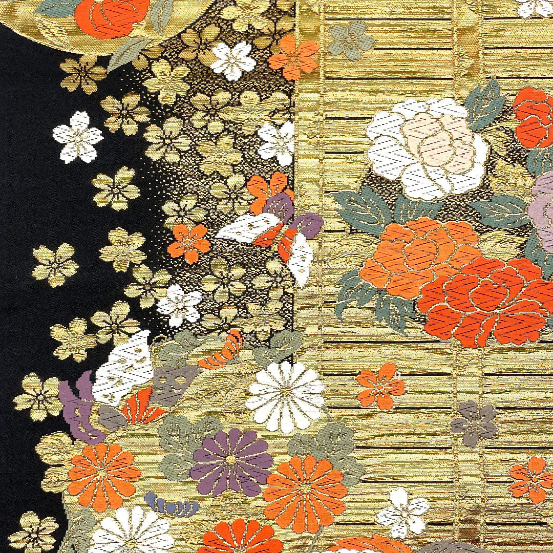 Fukuro Obi with Butterfly, Tachibana, Phoenix and Cherry Blossoms, Length 424cm, Pure Silk, S Rank, Six-way, Formal, Gold, 1123001942321
