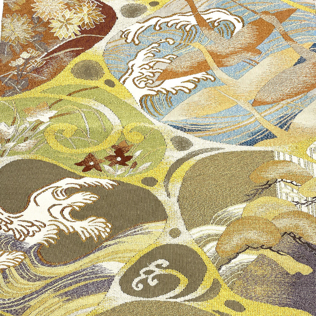 Nagoya obi, artist's work, authentic Tsuzuri, rough waves, plum blossoms, chrysanthemums, rabbits, obi length 388cm, pure silk, A rank, point pattern, formal, green, 1124000473319, pine needle style