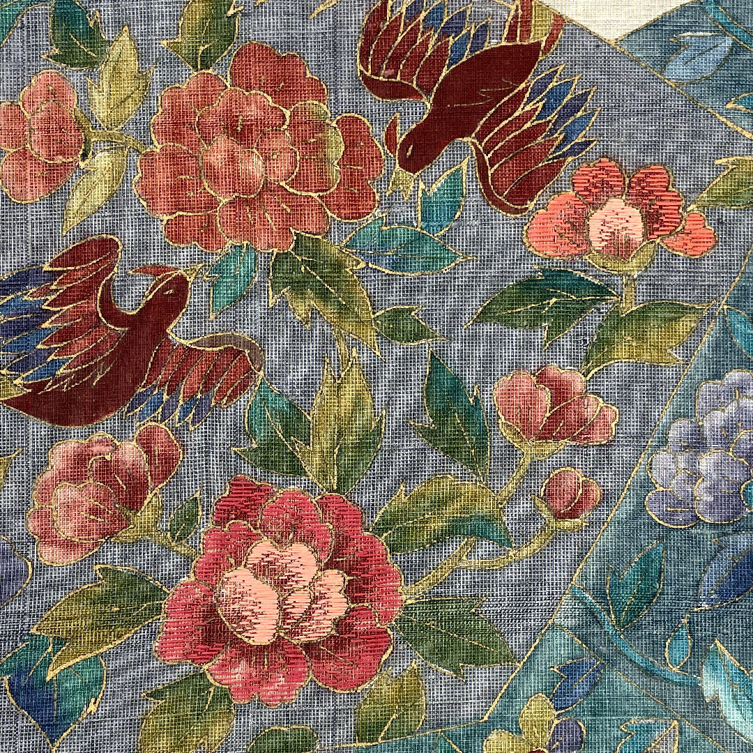 [Unfinished] Fukuro Obi, Silk, S Rank, Abstract Bird, True Cotton, Floral Pattern, Obi Length 453cm, Partial Pattern, Casual, Gray Tones 1123001712422