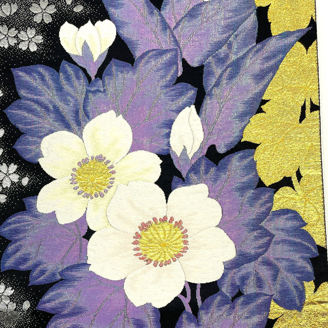 Fukuro Obi (Japanese traditional sash), made of Juraku, with glittering gold leaf, flowers and cherry blossoms, obi length 440cm, pure silk, S rank, six-pass, semi-formal, black, 1123003242310