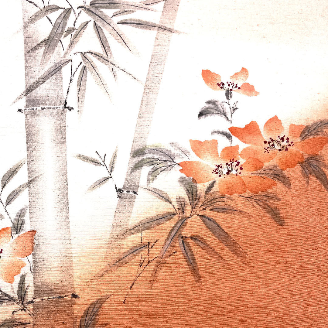 Nagoya obi with certificate, authentic Yuki Tsumugi, handwritten, floral, bamboo, obi length 376cm, pure silk, S rank, point pattern, casual, vermilion, 1124000412316, Nagoya tailoring