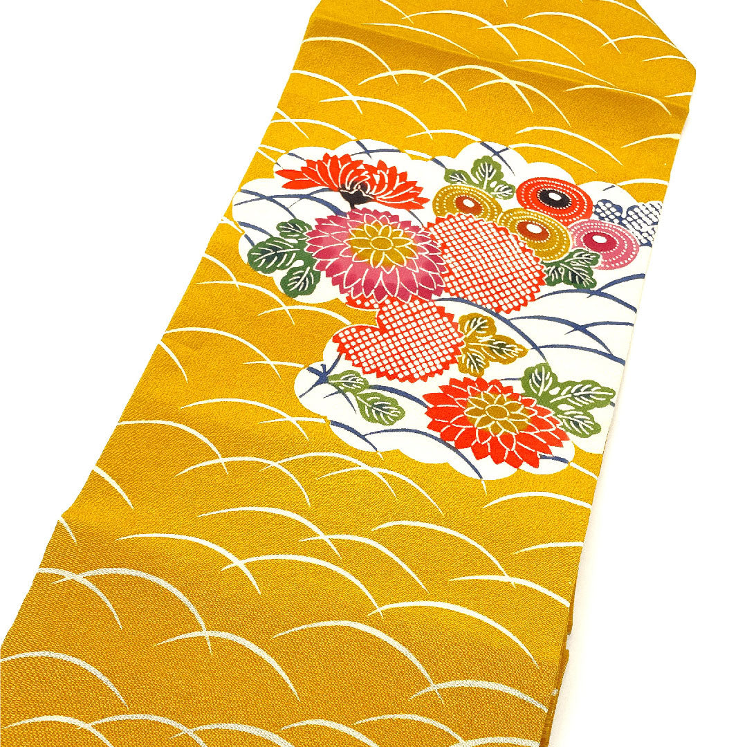 Nagoya Obi Chirimen Chrysanthemum Grass Obi Length 367cm Pure Silk S Rank Pointed Pattern Casual Yellow 1124000912323 Nagoya Style