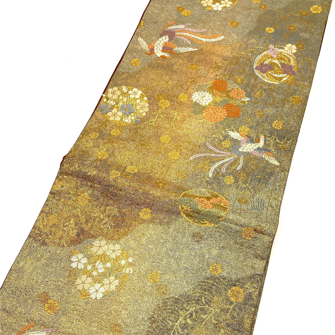 Fukuro Obi Long-tailed Bird Flower Obi Length 423cm Pure Silk S Rank Six-pass Formal Gold 1123002232321