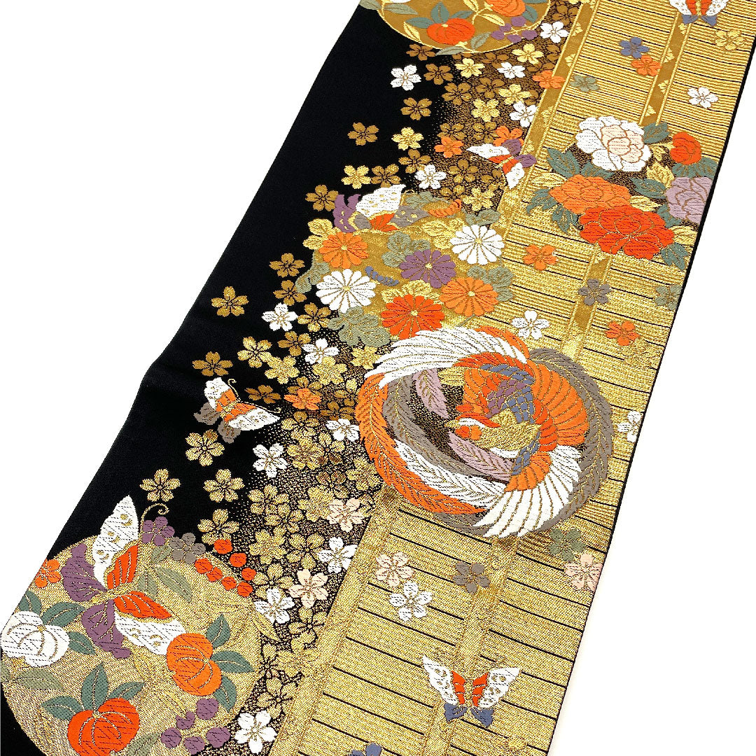 Fukuro Obi with Butterfly, Tachibana, Phoenix and Cherry Blossoms, Length 424cm, Pure Silk, S Rank, Six-way, Formal, Gold, 1123001942321