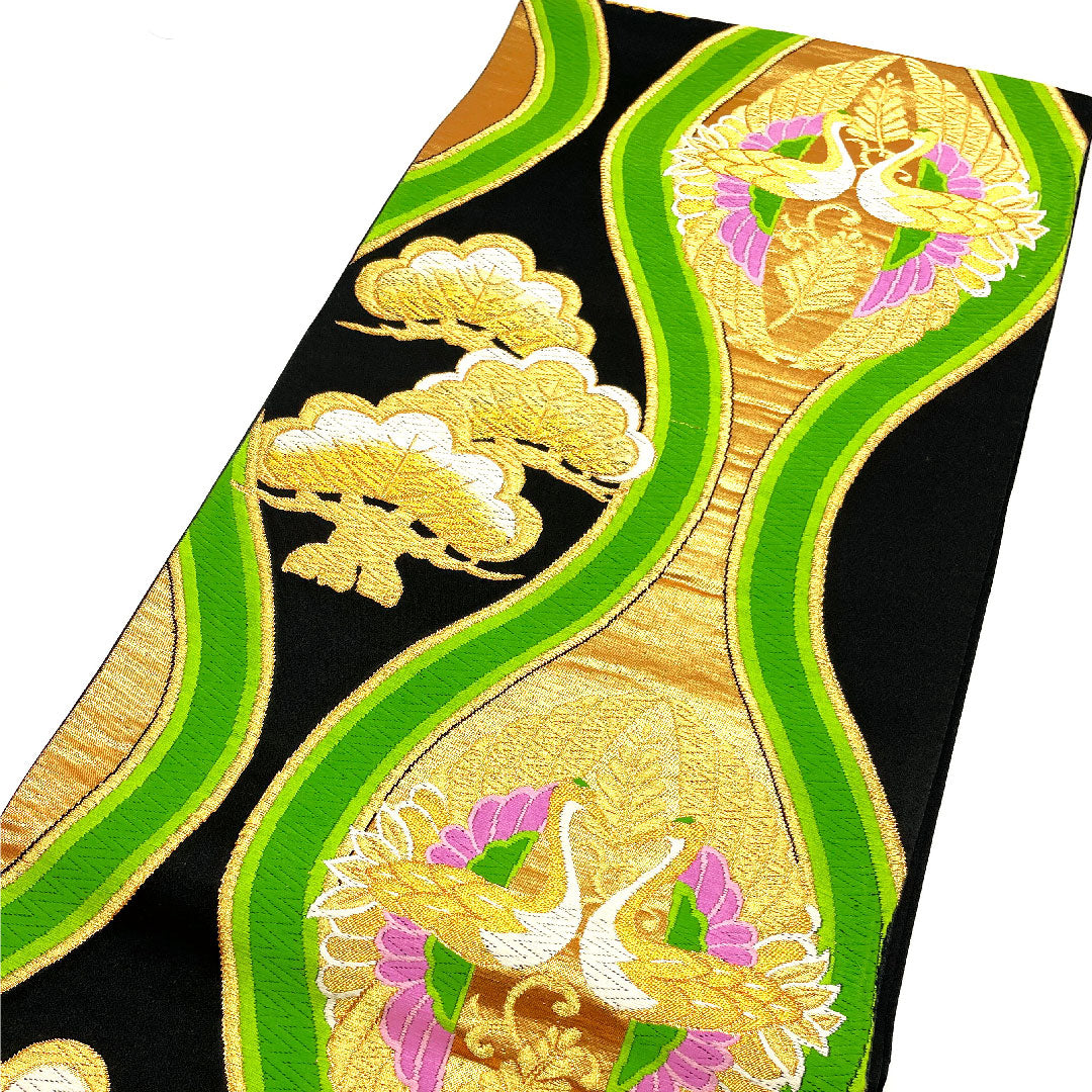 Fukuro Obi, Tachiwaku, Pine, Bird, Length 423cm, Pure Silk, S Rank, Six-pass, Formal, Black, 1123002072310