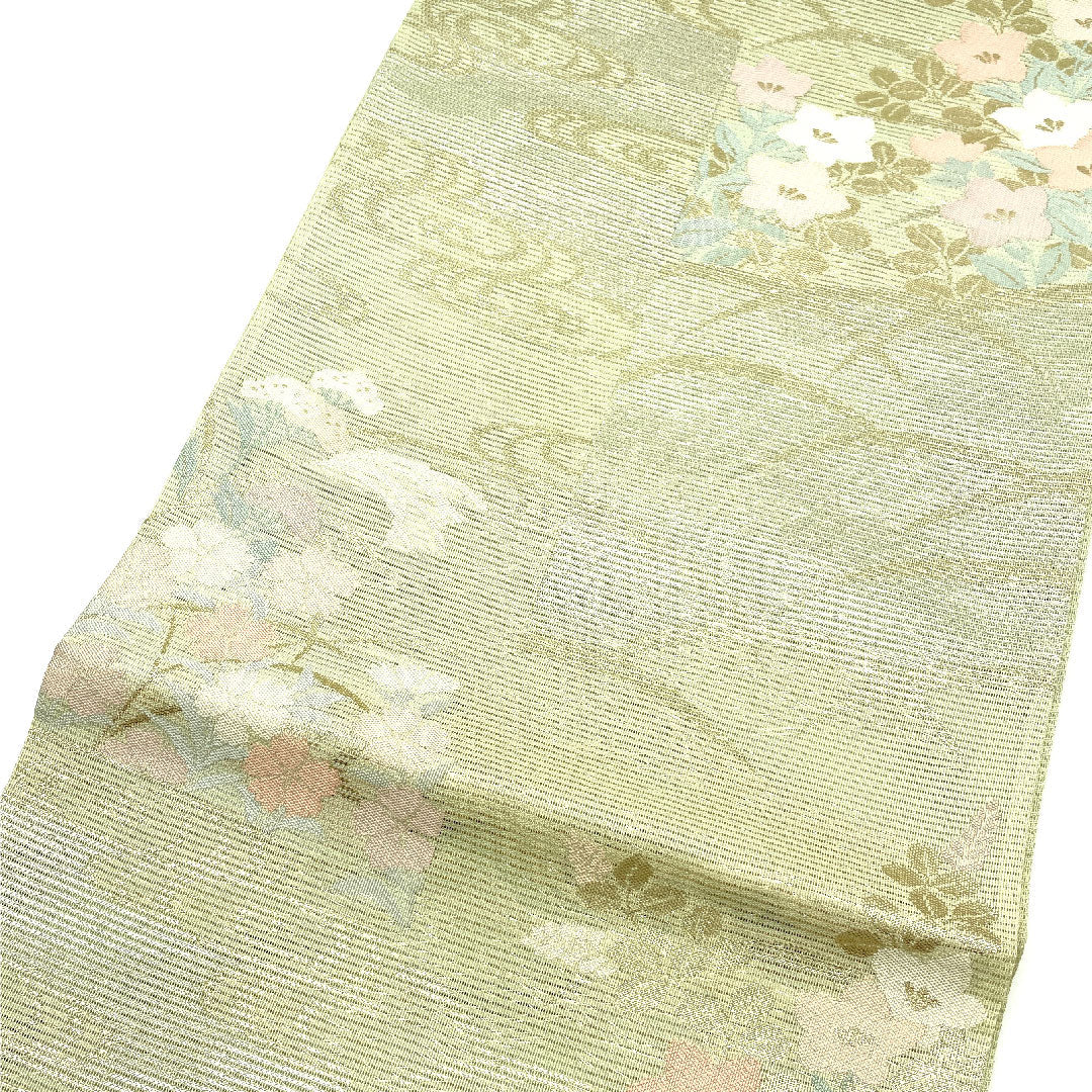 [Unfinished] Fukuro obi, genuine silk, S rank, Nishijin Maizuru, Ro Natsuobi, autumn grasses, obi length 442cm, Rokutsu, formal, green family, 1123002392319