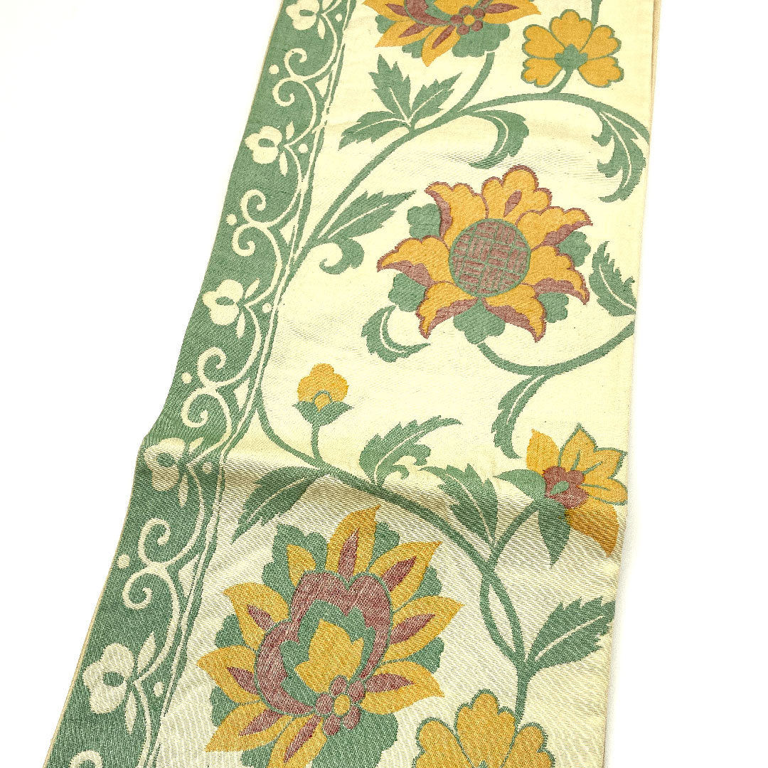 [Unstitched] Silk Fukuro Obi, S Rank, Unlined, Arabesque Pattern, Obi length 412cm, Six-panel, Casual, Cream-colored, 1123003272315
