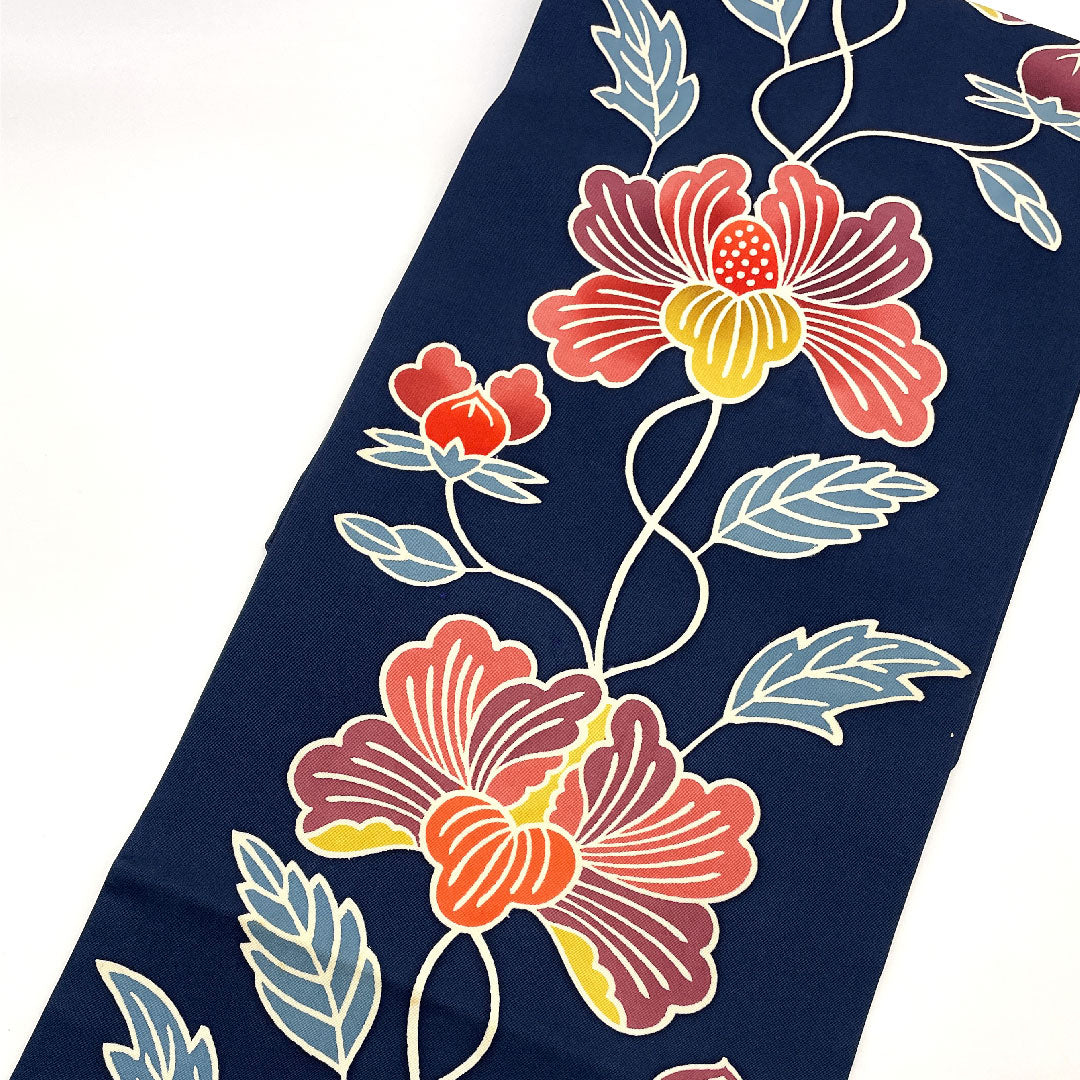 名古屋帯 塩瀬 花唐草模様 帯丈358cm 正絹 Aランク 全通 カジュアル 紺系 1124000513318  名古屋仕立て