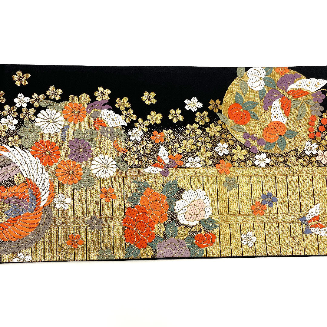 Fukuro Obi with Butterfly, Tachibana, Phoenix and Cherry Blossoms, Length 424cm, Pure Silk, S Rank, Six-way, Formal, Gold, 1123001942321