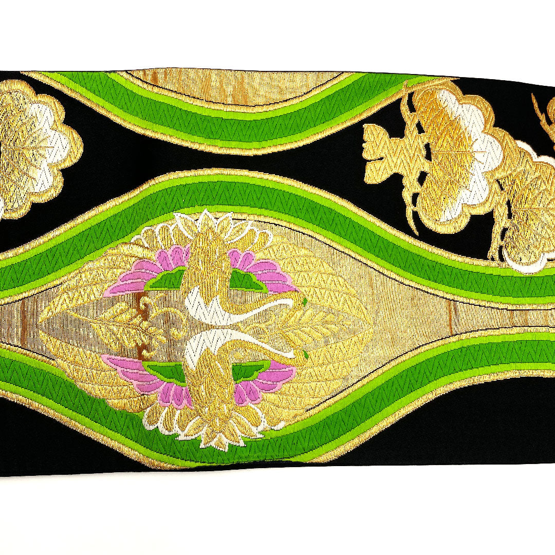 Fukuro Obi, Tachiwaku, Pine, Bird, Length 423cm, Pure Silk, S Rank, Six-pass, Formal, Black, 1123002072310