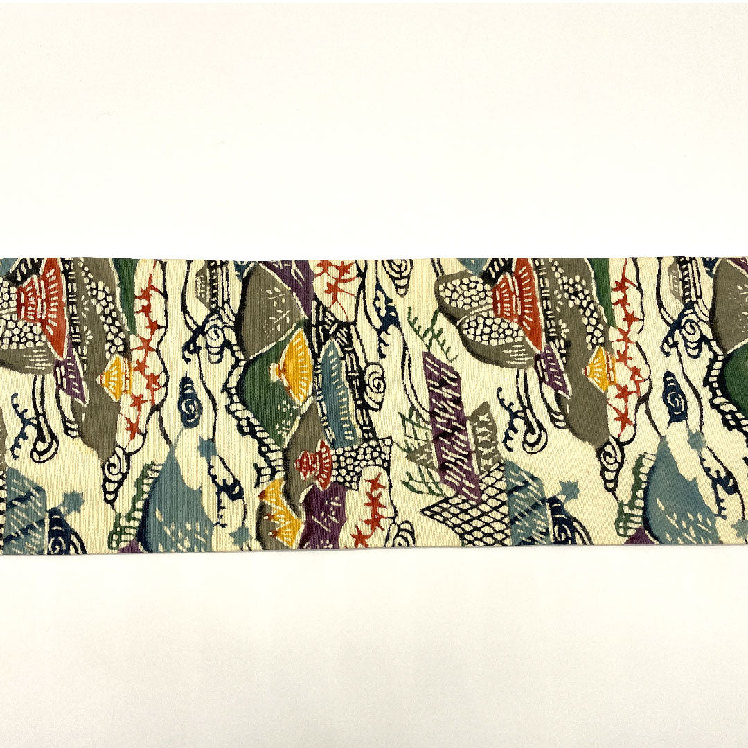 Nagoya obi, Kyoto Bingata style, stencil dyeing, obi length 354cm, pure silk, A rank, six-pass, casual, white, 1124000633311, Nagoya style