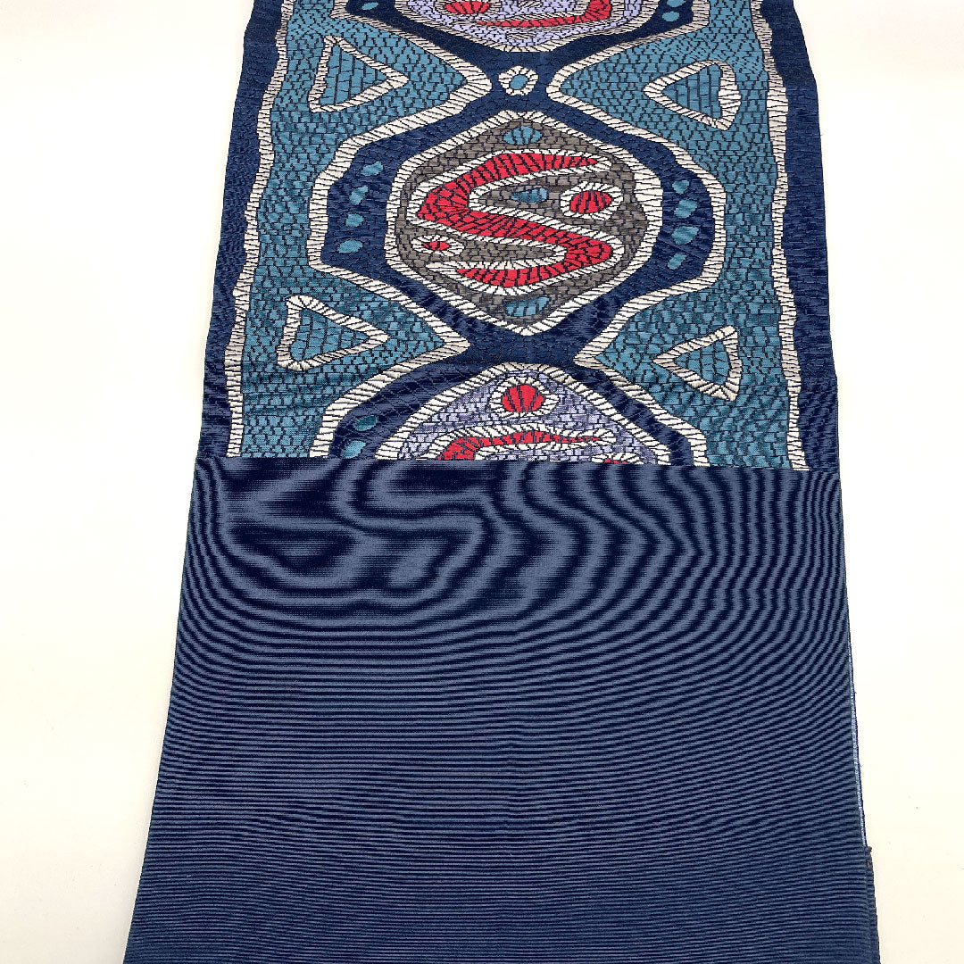 Nagoya obi, authentic Chikuzen Hakata, abstract pattern, obi length 360cm, pure silk, S rank, six-pass, casual, blue, 1124000532317, Matsuba style