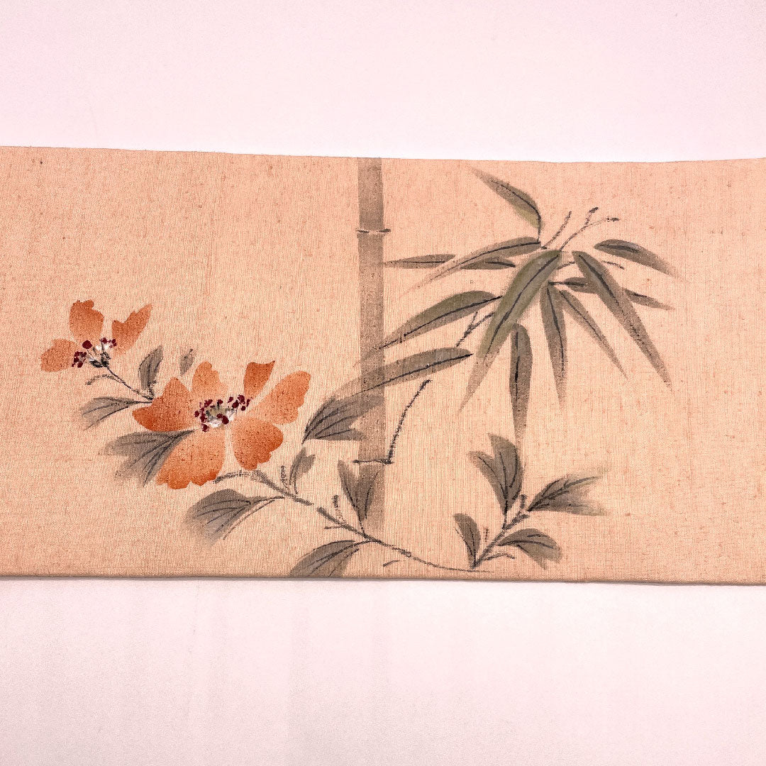 Nagoya obi with certificate, authentic Yuki Tsumugi, handwritten, floral, bamboo, obi length 376cm, pure silk, S rank, point pattern, casual, vermilion, 1124000412316, Nagoya tailoring