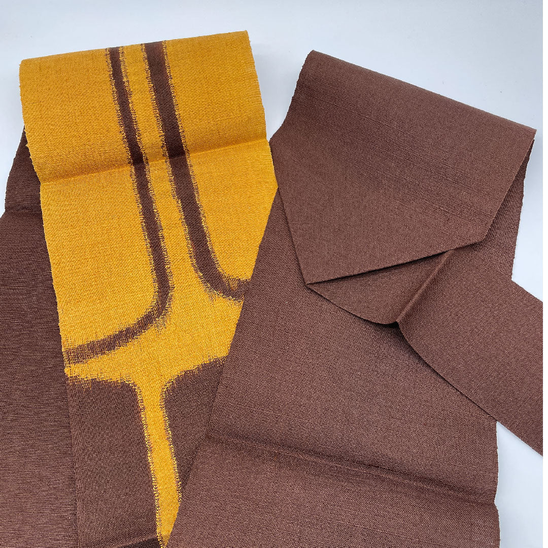 Nagoya Obi, Abstract Pattern, Tsumugi, Obi Length 365cm, Pure Silk, S Rank, Six-pass, Casual, Brown, 1124000232314, Matsuba Style