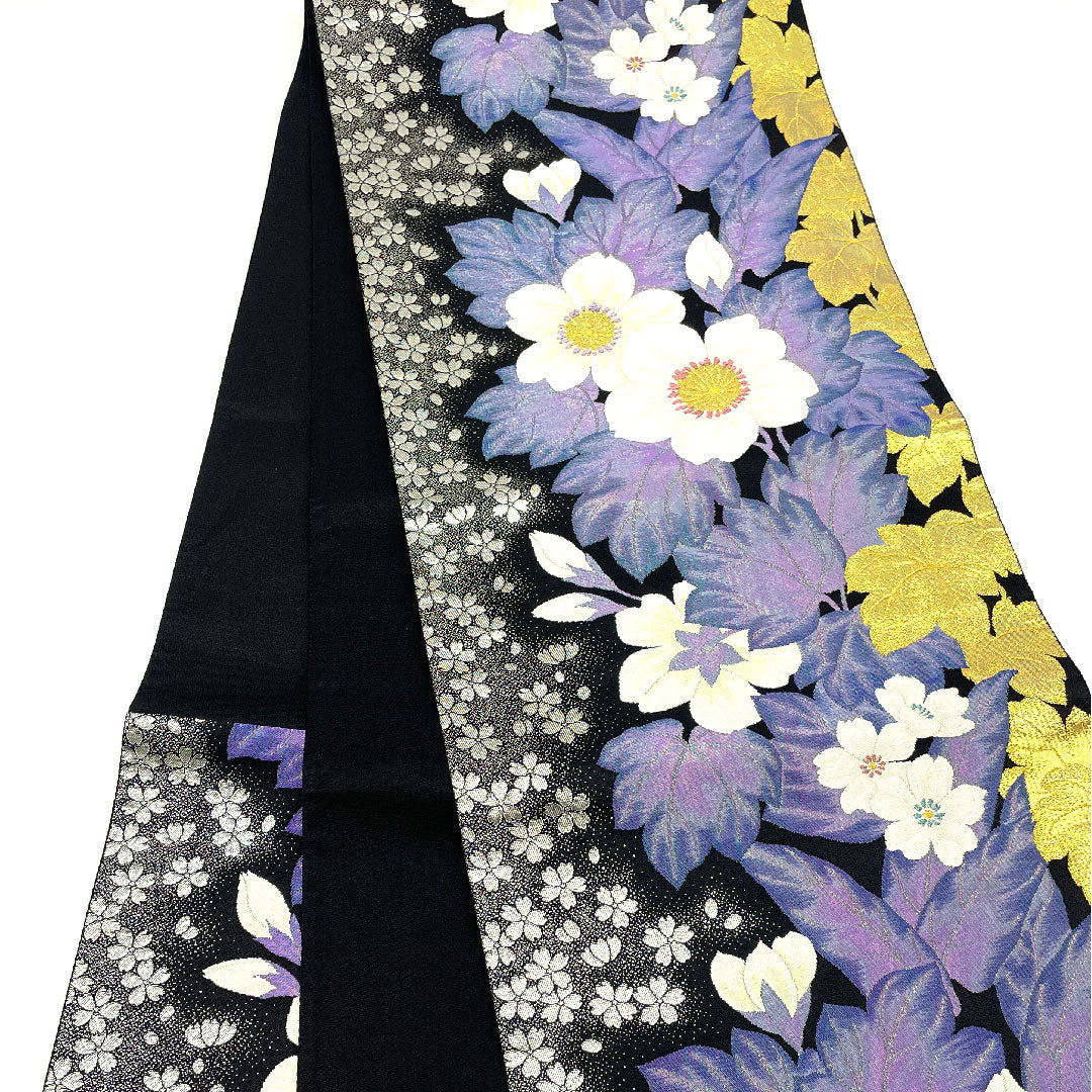 Fukuro Obi (Japanese traditional sash), made of Juraku, with glittering gold leaf, flowers and cherry blossoms, obi length 440cm, pure silk, S rank, six-pass, semi-formal, black, 1123003242310
