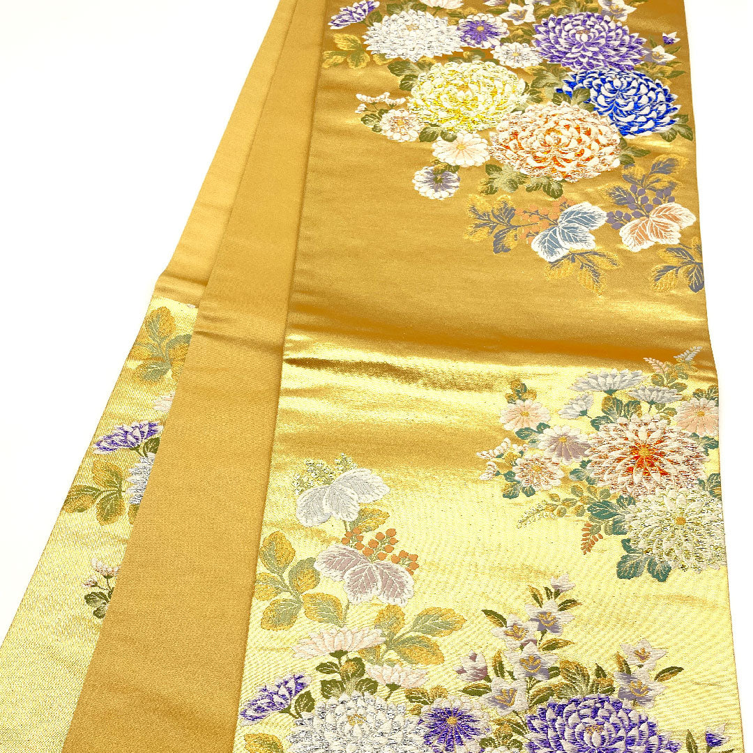 袋帯 源氏物語絵図 桐 菊 桔梗 帯丈432cm 正絹 Sランク 六通 フォーマル 金系 1123002012321
