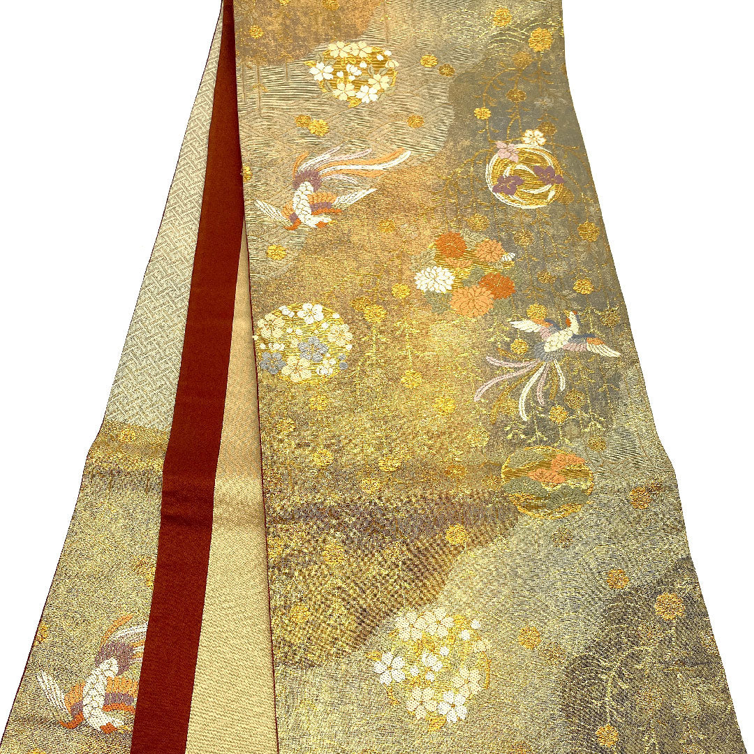 Fukuro Obi Long-tailed Bird Flower Obi Length 423cm Pure Silk S Rank Six-pass Formal Gold 1123002232321