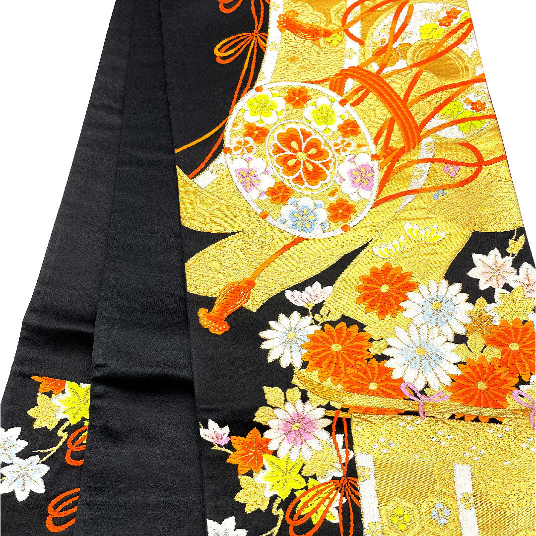 袋帯 鼓 几帳 四季の花 帯丈419cm 正絹 Sランク 六通 フォーマル 黒系 1123002052310