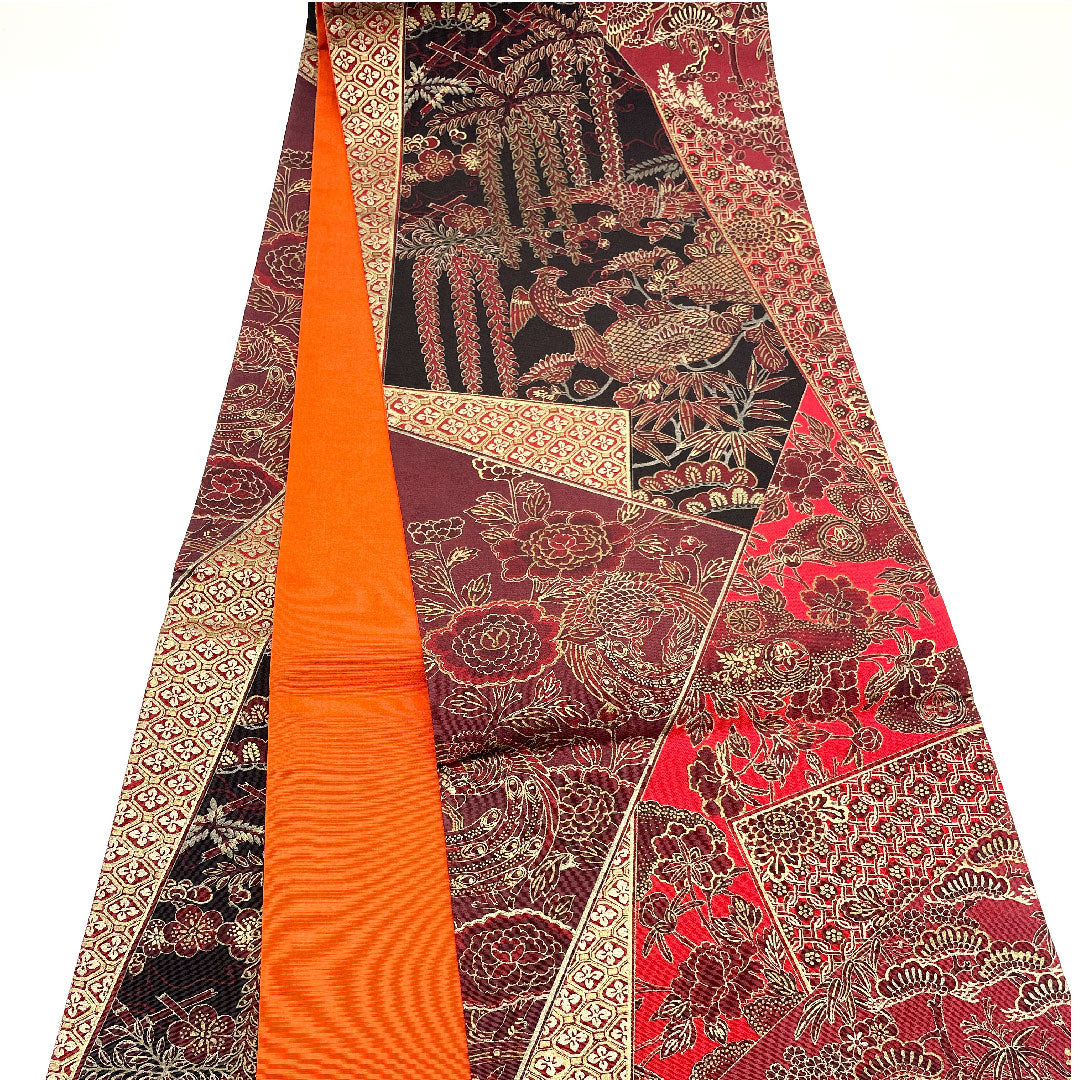 Authentic Oshima striped obi with pine, bamboo, plum and phoenix patterns, obi length 450cm, pure silk, S rank, full length, casual, red, 1123001982312