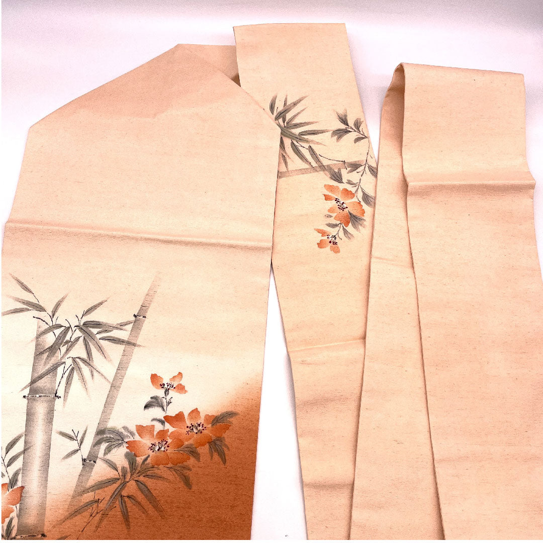 Nagoya obi with certificate, authentic Yuki Tsumugi, handwritten, floral, bamboo, obi length 376cm, pure silk, S rank, point pattern, casual, vermilion, 1124000412316, Nagoya tailoring