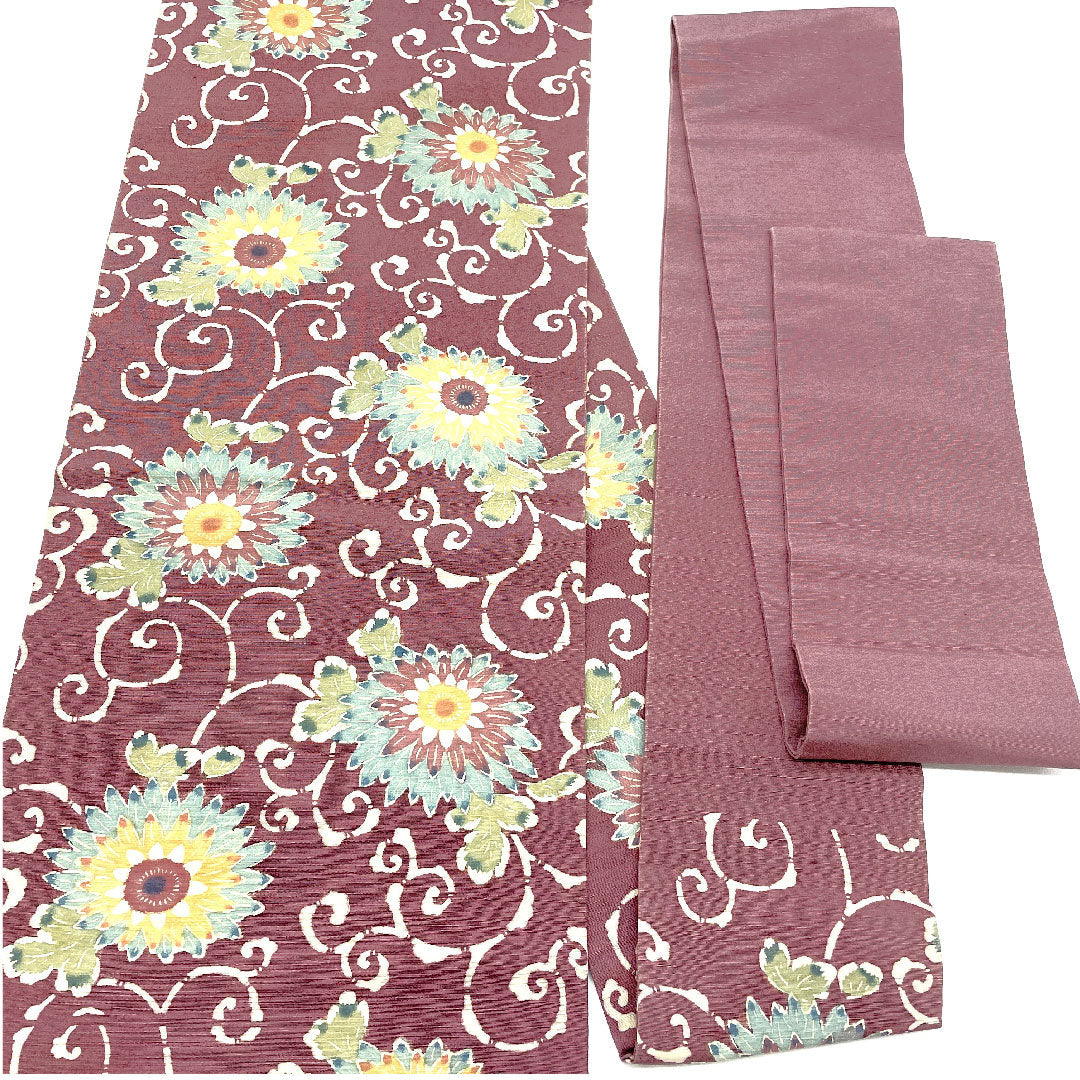 Nagoya obi with arabesque pattern and floral pattern, obi length 359.5cm, pure silk, S rank, six-pass, casual, purple, 1124000802320, Nagoya style