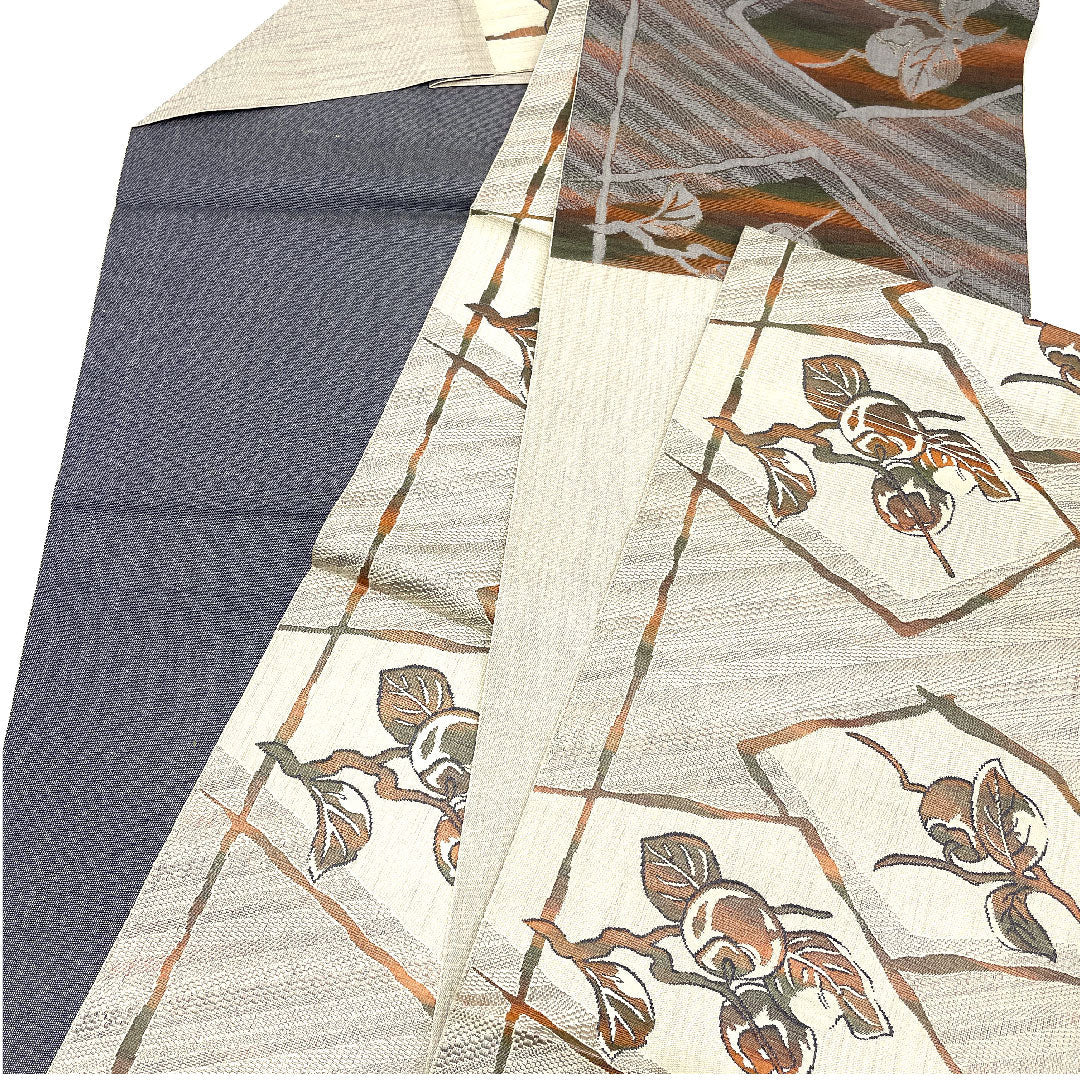 Nagoya obi, authentic Chikuzen Hakata, persimmon pattern, obi length 367cm, pure silk, S rank, six-pass, casual, brown, 1124000352314, Nagoya tailoring