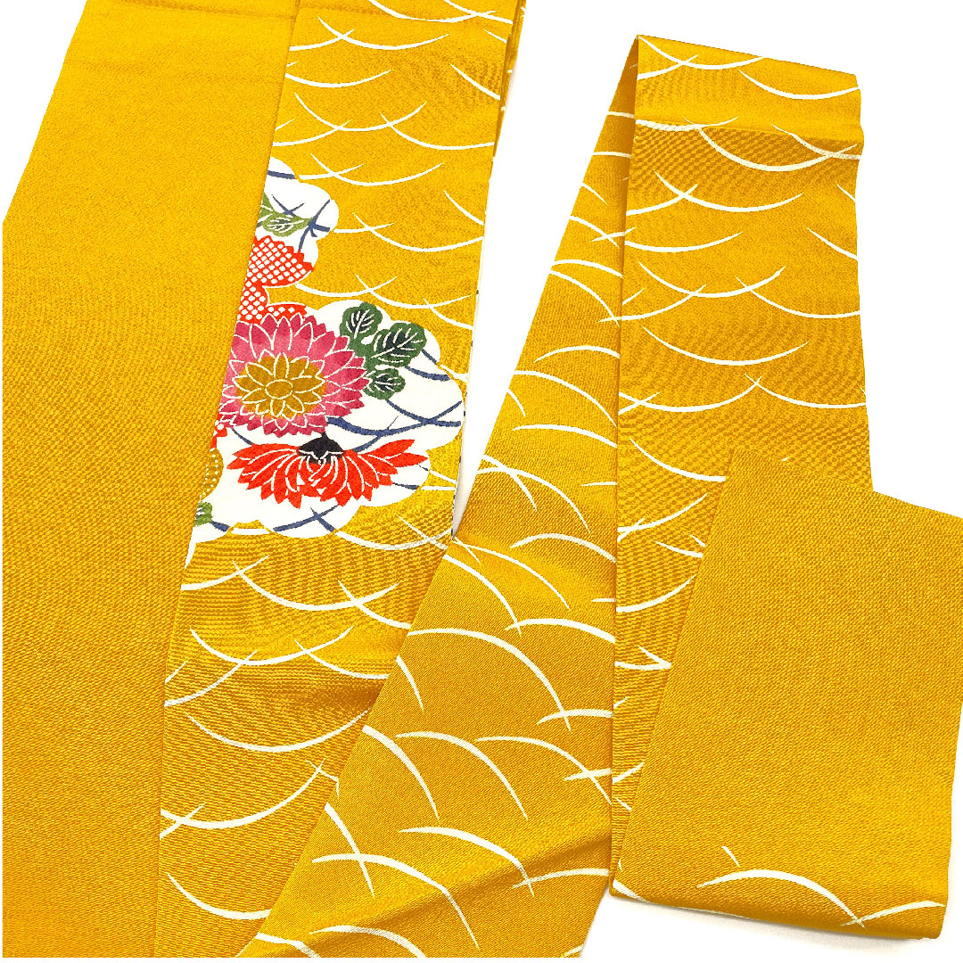 Nagoya Obi Chirimen Chrysanthemum Grass Obi Length 367cm Pure Silk S Rank Pointed Pattern Casual Yellow 1124000912323 Nagoya Style