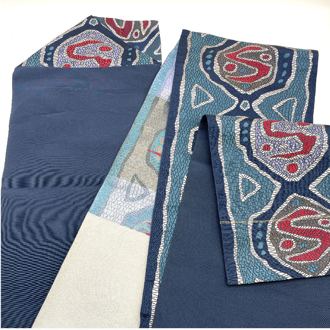Nagoya obi, authentic Chikuzen Hakata, abstract pattern, obi length 360cm, pure silk, S rank, six-pass, casual, blue, 1124000532317, Matsuba style
