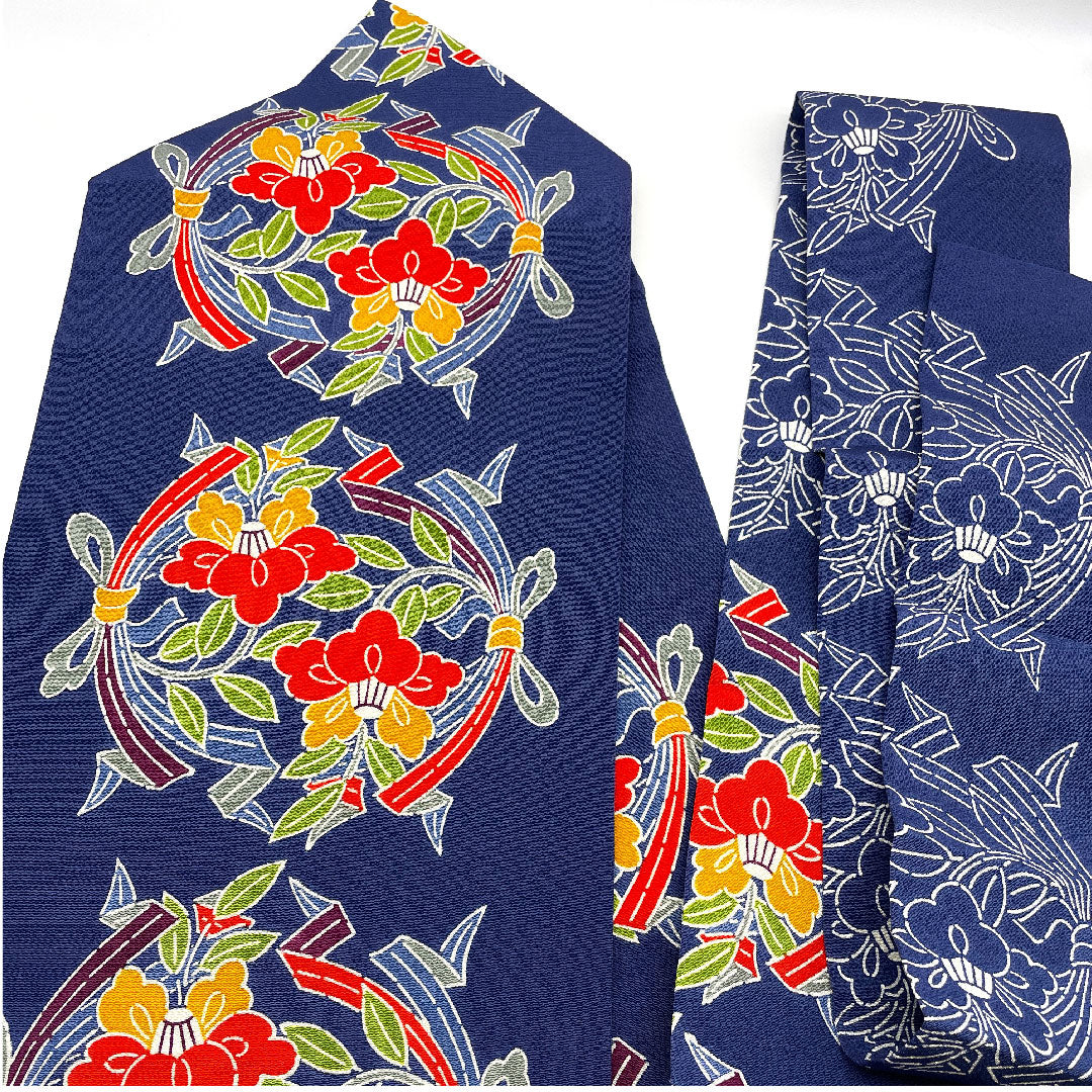 Nagoya Obi by Kuriyama Yoshisaburo, Bundled Noshi, Camellia, Crepe, Obi Length 369cm, Pure Silk, S Rank, Full Length, Casual, Navy Blue, 1124000372318, Nagoya Made