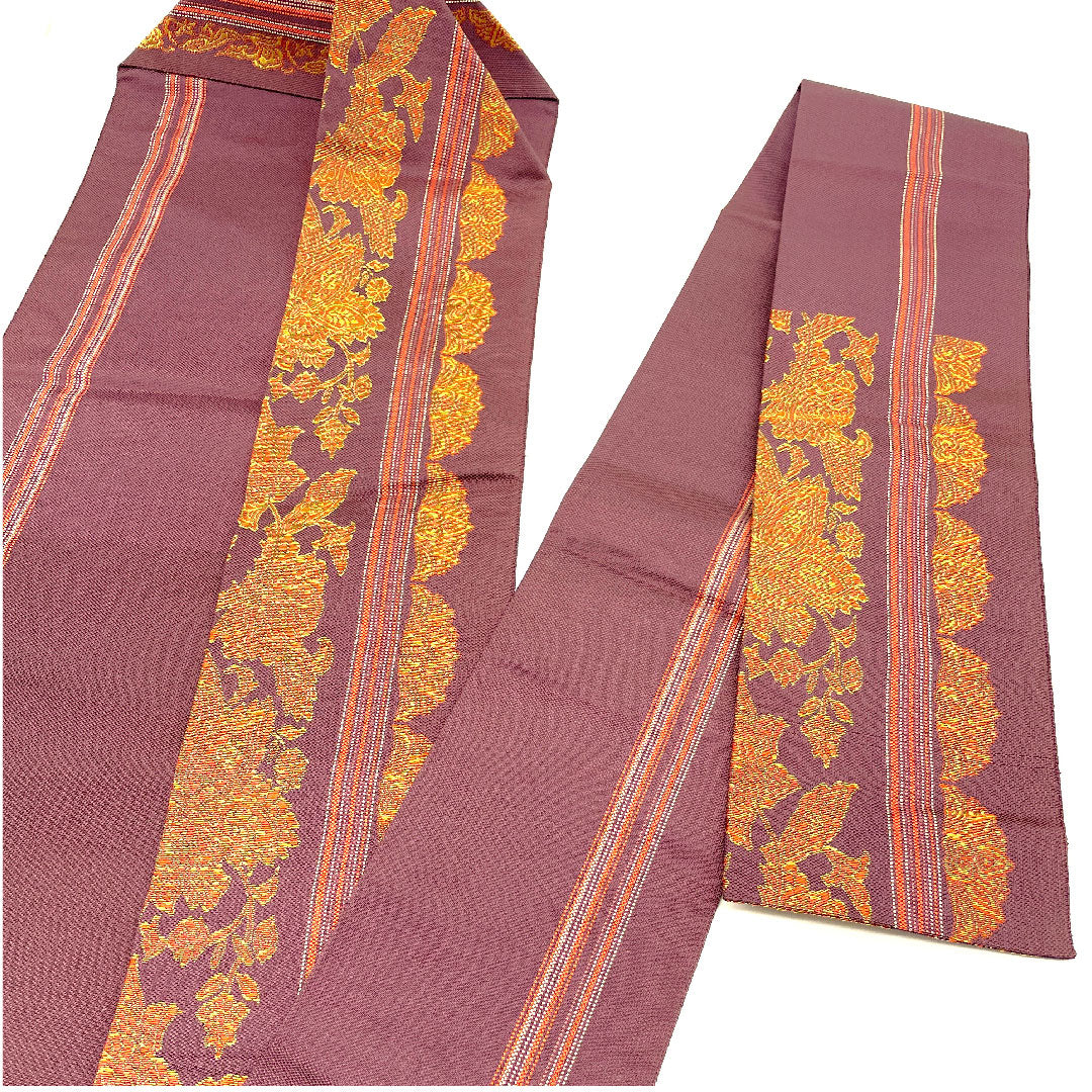 Nagoya obi with chintz pattern, obi length 359cm, pure silk, S rank, six-pass, casual, purple, 1124001182320, Nagoya style