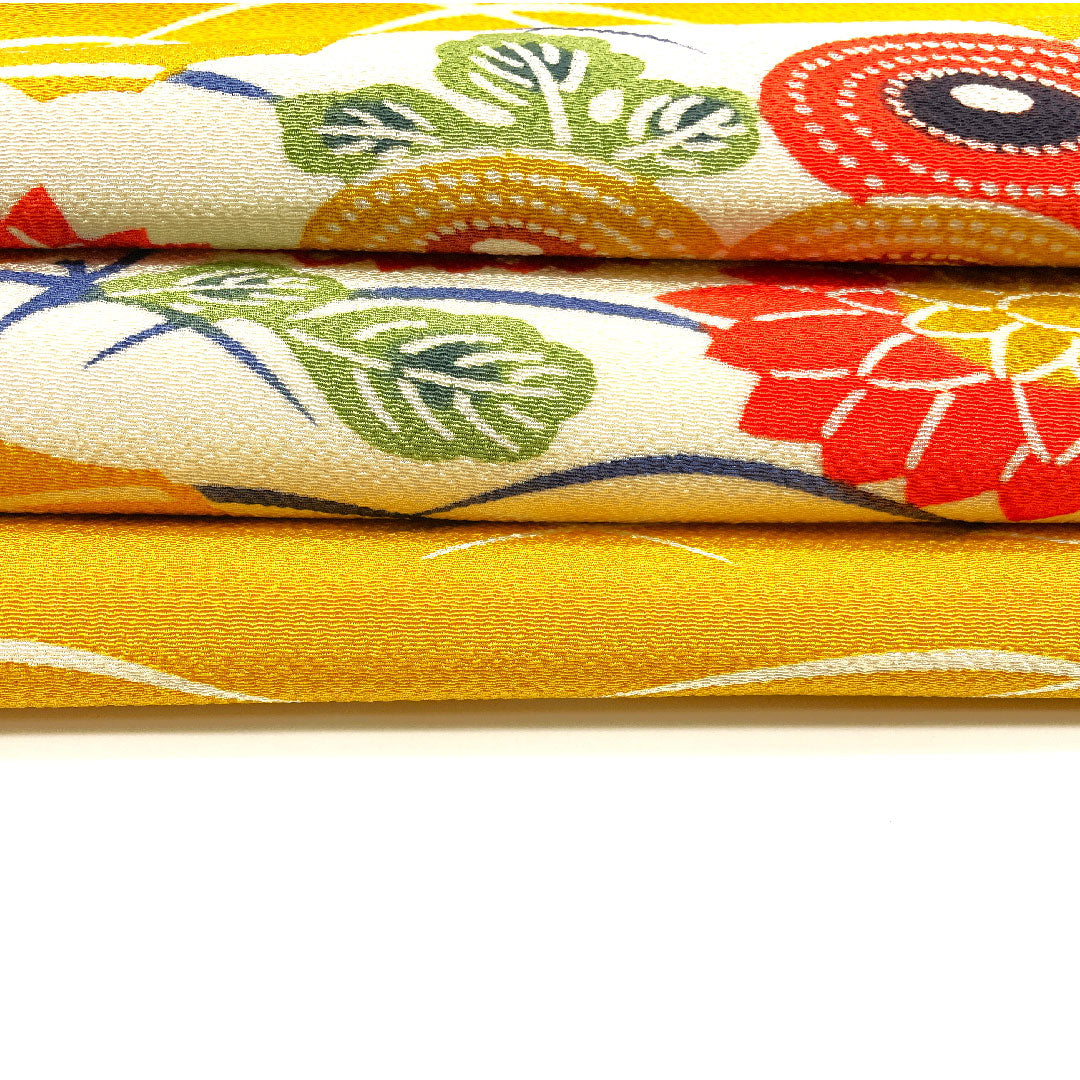 Nagoya Obi Chirimen Chrysanthemum Grass Obi Length 367cm Pure Silk S Rank Pointed Pattern Casual Yellow 1124000912323 Nagoya Style
