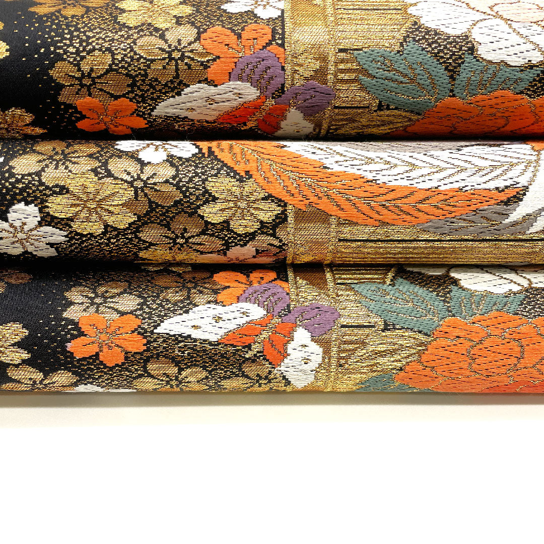 Fukuro Obi with Butterfly, Tachibana, Phoenix and Cherry Blossoms, Length 424cm, Pure Silk, S Rank, Six-way, Formal, Gold, 1123001942321