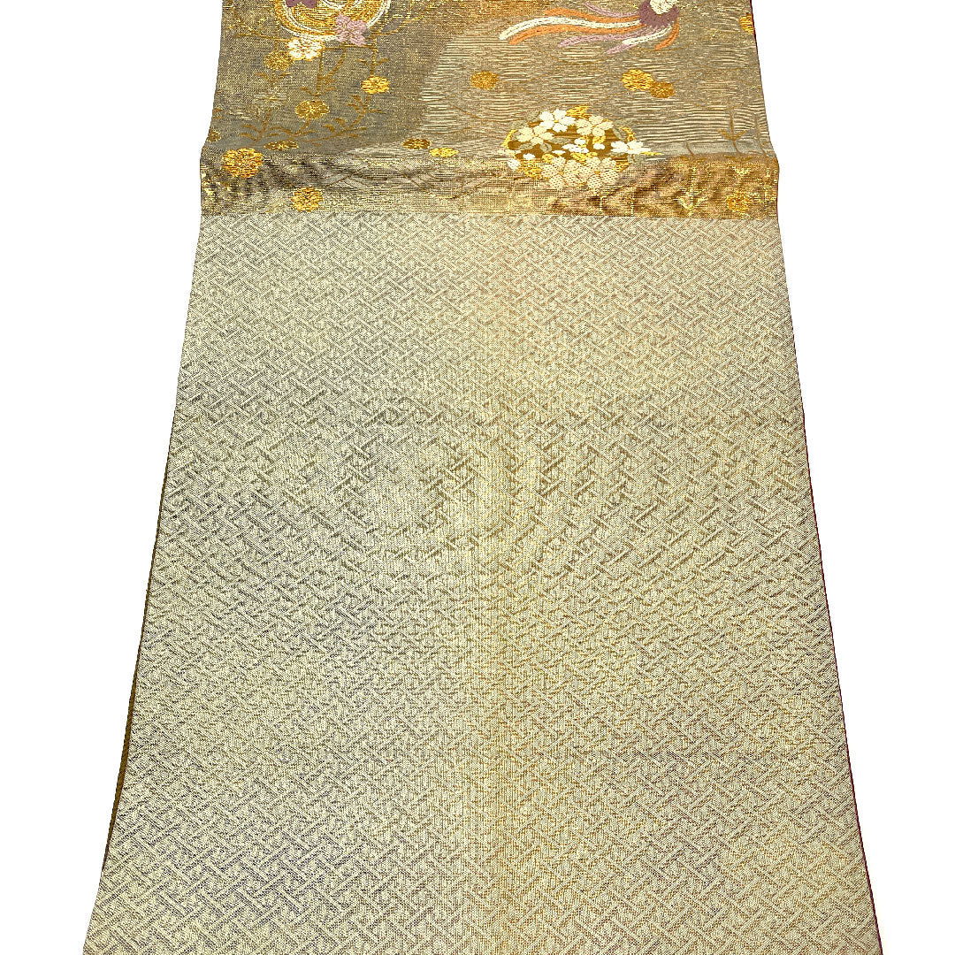 Fukuro Obi Long-tailed Bird Flower Obi Length 423cm Pure Silk S Rank Six-pass Formal Gold 1123002232321