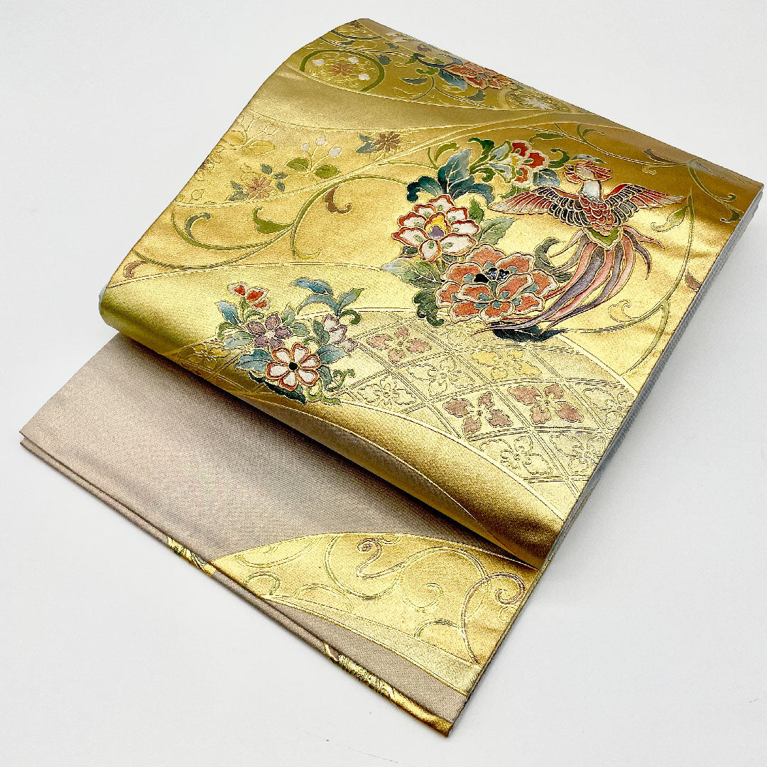 Fukuro-obi (sash) with gold leaf finish, phoenix and mother-of-pearl, obi length 440cm, pure silk, A rank, point pattern, formal, gold, 1123001043321