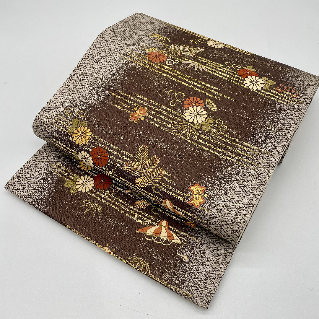 Fukuro Obi, Auspicious Pattern, Length 424cm, Pure Silk, S Rank, Six-way, Formal, Brown, 1123001002314