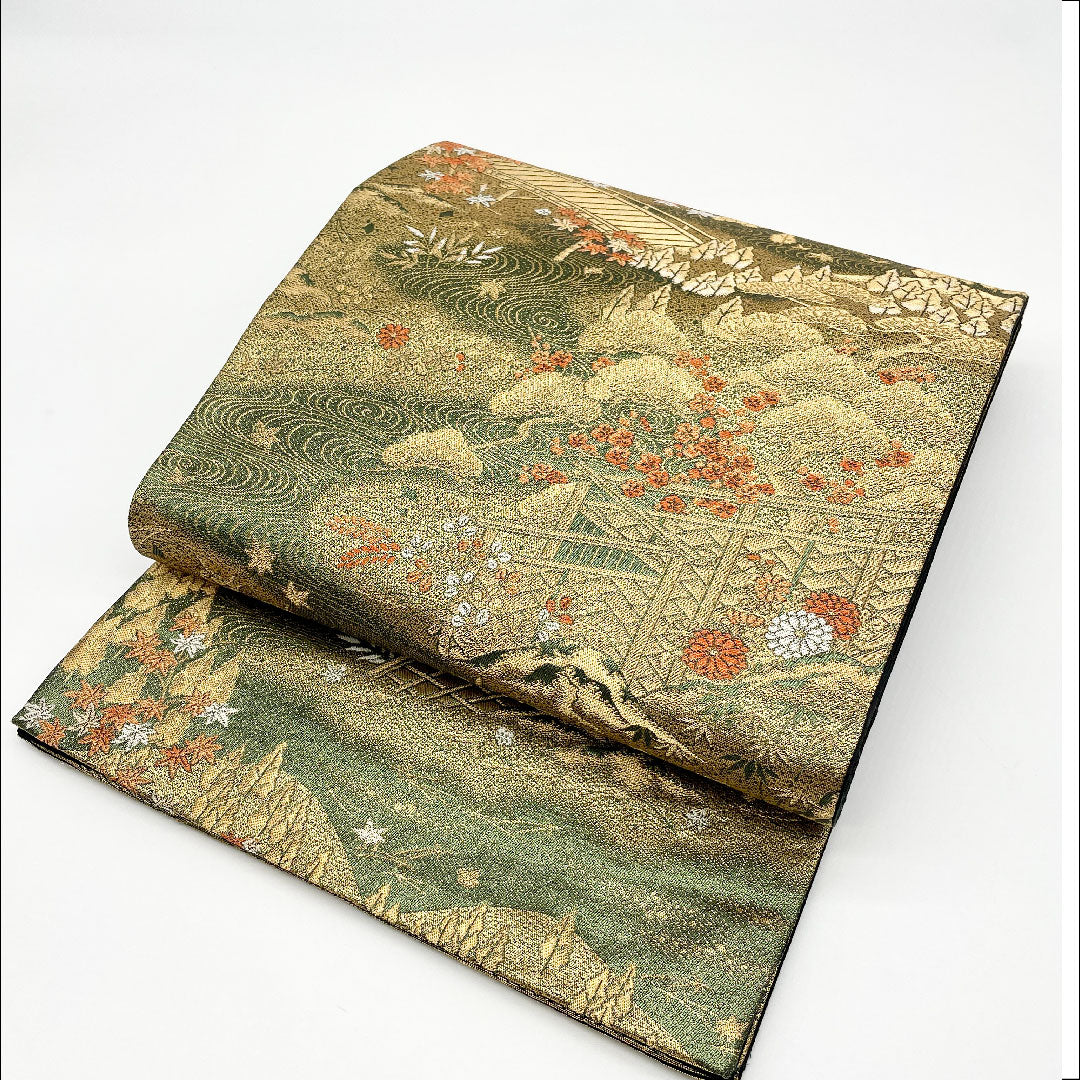 Fukuro Obi (Sleeve Belt) with Landscape Painting, Length 424cm, Pure Silk, A Rank, Six-Ply, Formal, Green, 1123000813319