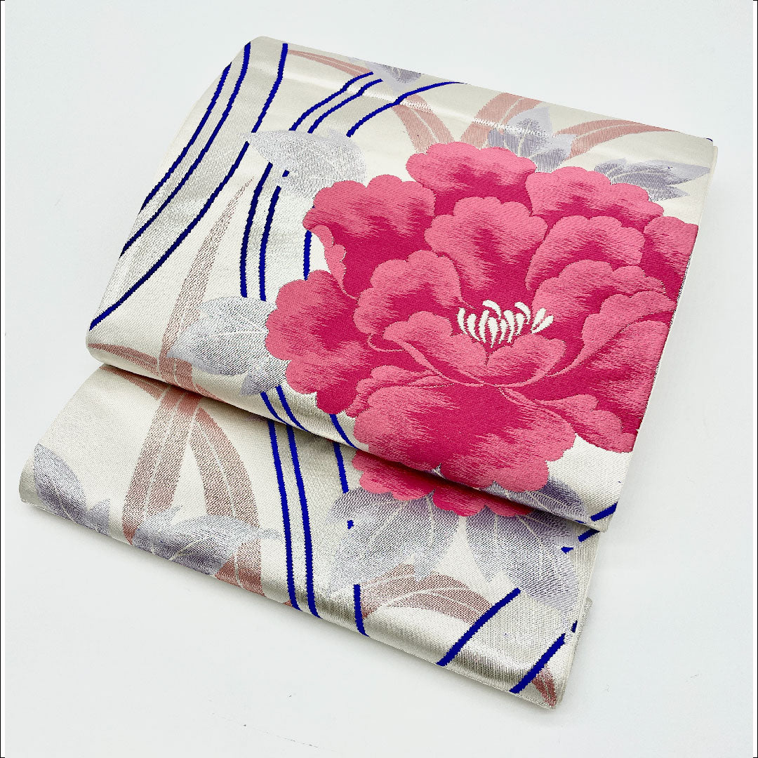 [Unfinished] Fukuro Obi, Silk, S-rank, Peony, Obi length 444cm, Six panels, Formal, Silver, 1123001292322