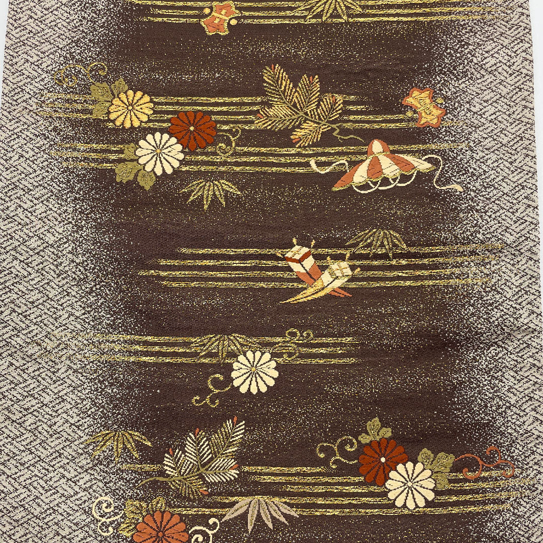 Fukuro Obi, Auspicious Pattern, Length 424cm, Pure Silk, S Rank, Six-way, Formal, Brown, 1123001002314