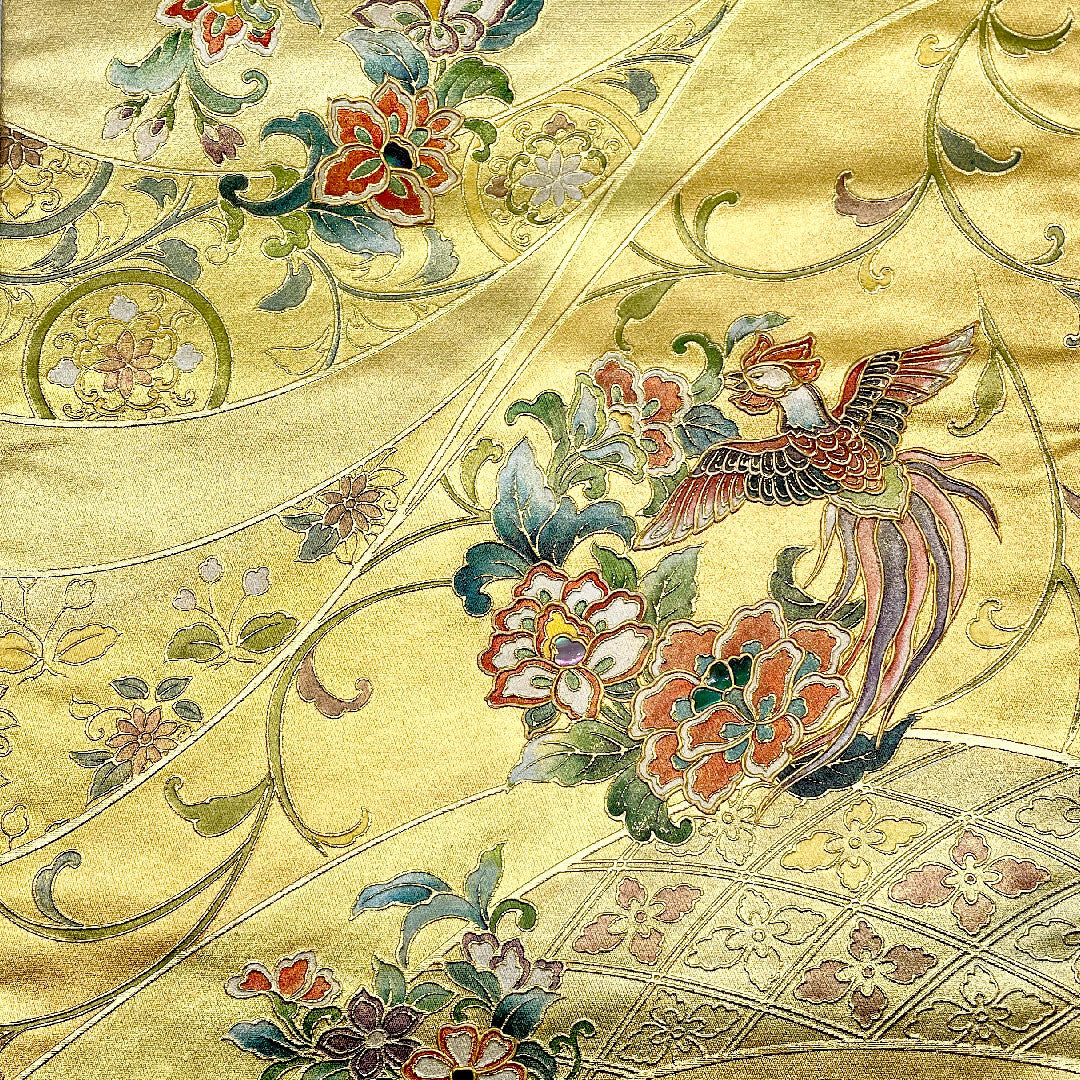 Fukuro-obi (sash) with gold leaf finish, phoenix and mother-of-pearl, obi length 440cm, pure silk, A rank, point pattern, formal, gold, 1123001043321