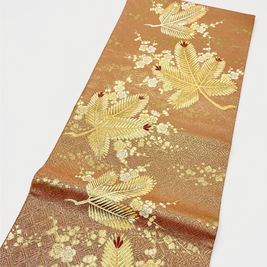 Fukuro Obi, Vermilion and Gold Young Pine Pattern, Diamond Pattern, Length 455cm, Pure Silk, A Rank, Six-way, Formal, Pink, 1123001153413